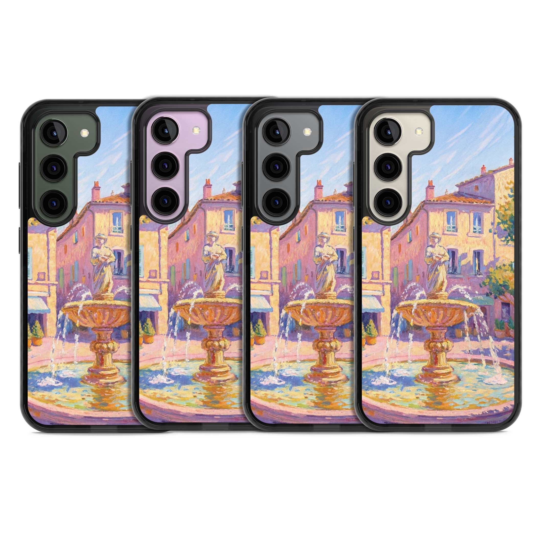 Fountain Square fine art iPhone case featuring an impressionist Provençal fountain, pastel village buildings and summe | Black Impact case for Samsung Galaxy S24, Samsung Galaxy S23, Samsung Galaxy S22
