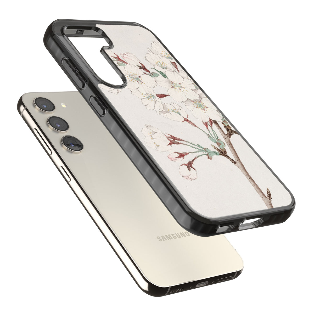 Vintage Japanese White Blossoms Samsung S22 / Samsung S22 Plus / Samsung S23 / Samsung S23 Plus / Samsung S24 / Samsung S24 Plus Impact Black Phone Case angled