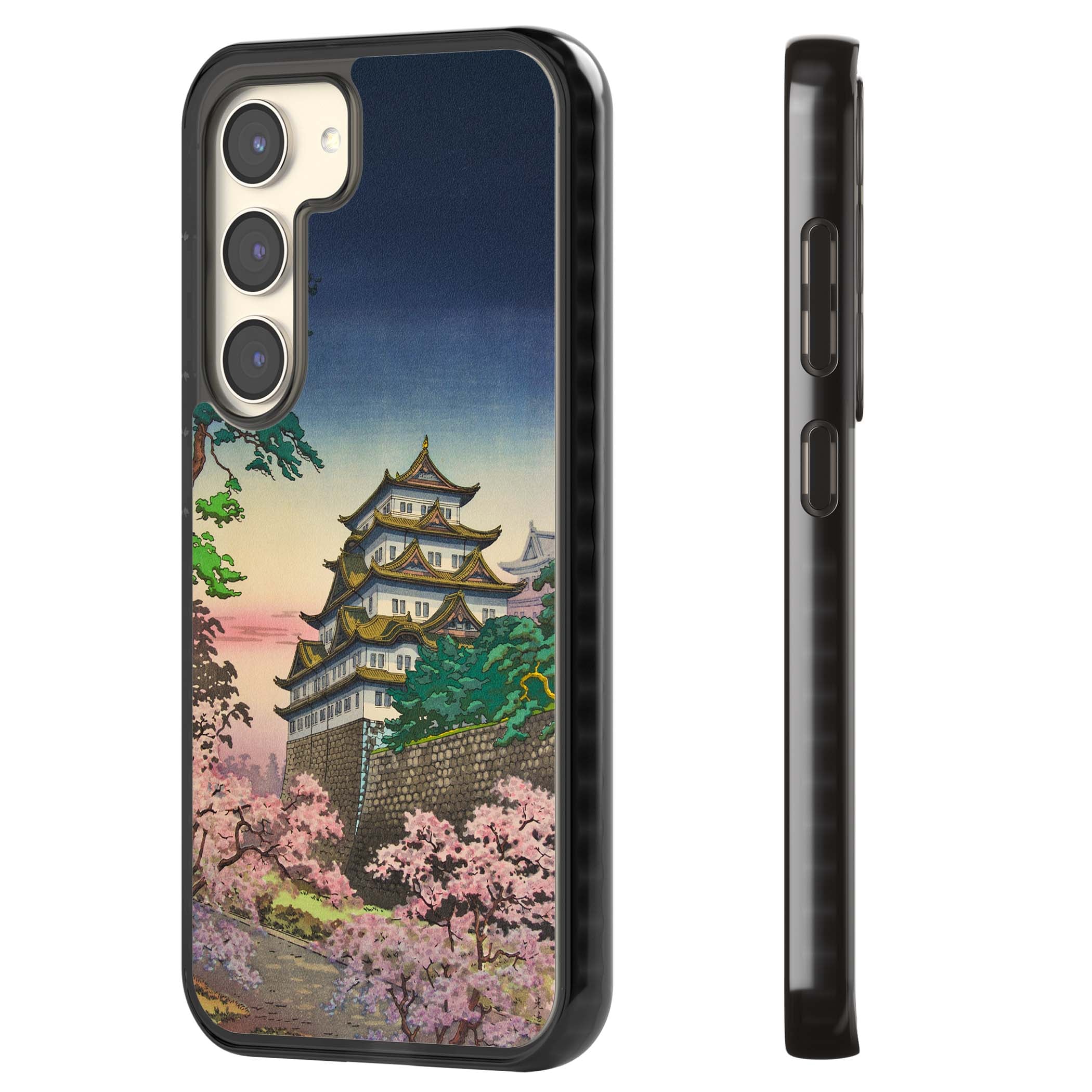 Nagoya Castle Japanese iPhone case featuring a vintage pagoda, twilight sky and cherry blossom trees | Black Impact case for Samsung Galaxy S24, Samsung Galaxy S23, Samsung Galaxy S22