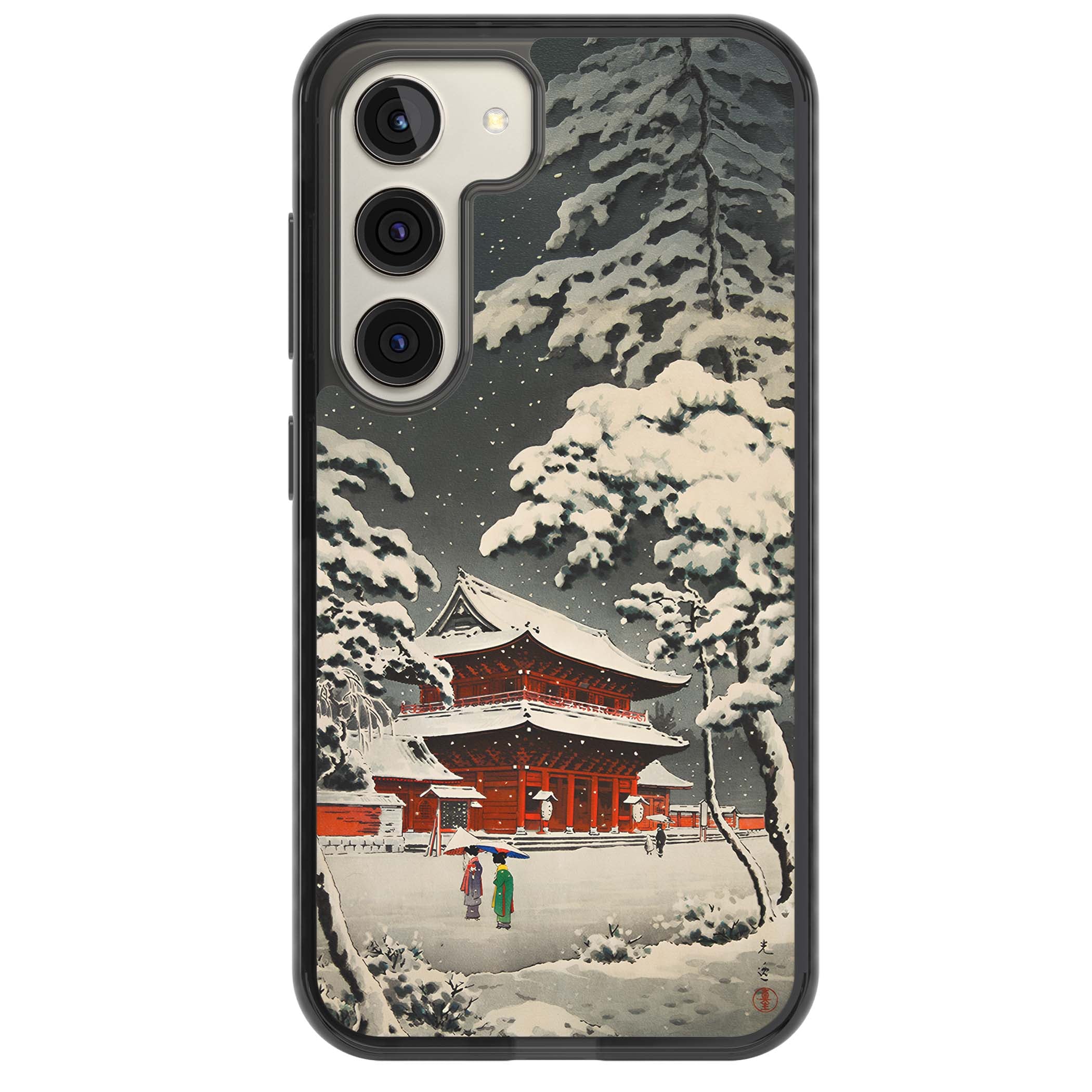Snow at Shiha Park, Tokyo Japanese art iPhone case featuring a vintage ukiyo-e snowy temple, red pagoda, and snow-covered pin | Black Impact case for Samsung Galaxy S24, Samsung Galaxy S23, Samsung Galaxy S22