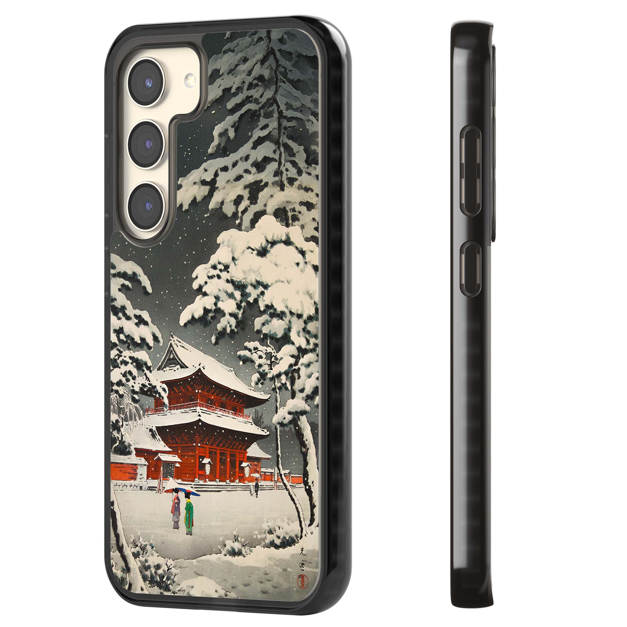 Snow at Shiha Park, Tokyo Japanese art iPhone case featuring a vintage ukiyo-e snowy temple, red pagoda, and snow-covered pin | Black Impact case for Samsung Galaxy S24, Samsung Galaxy S23, Samsung Galaxy S22