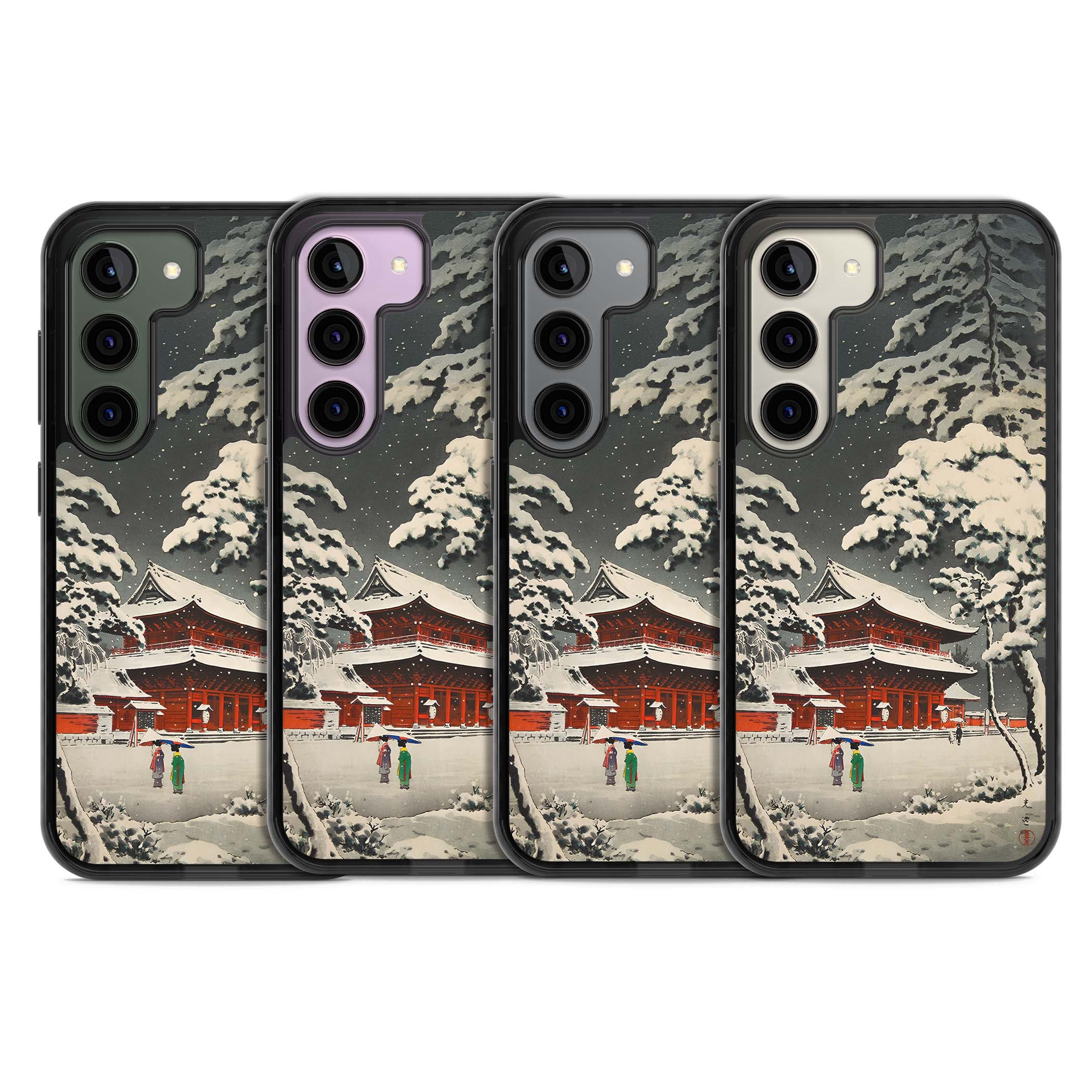 Snow at Shiha Park, Tokyo Japanese art iPhone case featuring a vintage ukiyo-e snowy temple, red pagoda, and snow-covered pin | Black Impact case for Samsung Galaxy S24, Samsung Galaxy S23, Samsung Galaxy S22