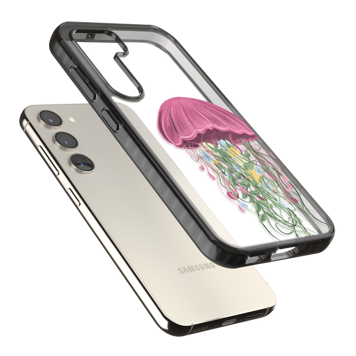 Botanical Jellyfish Samsung S22 / Samsung S22 Plus / Samsung S23 / Samsung S23 Plus / Samsung S24 / Samsung S24 Plus Impact Black Phone Case angled