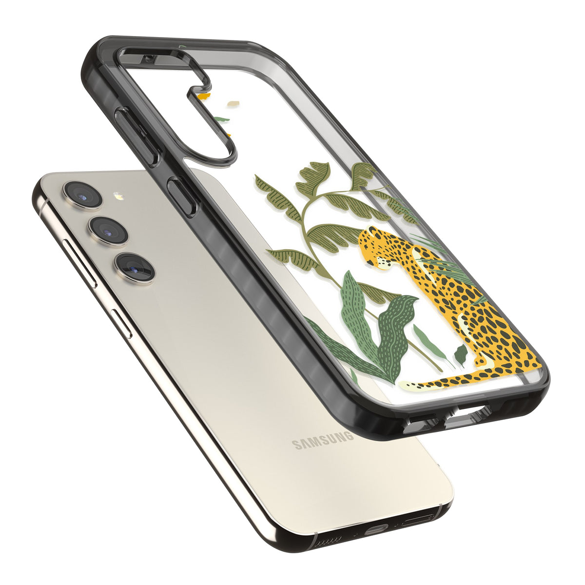 Large Jungle Cat Pattern Samsung S22 / Samsung S22 Plus / Samsung S23 / Samsung S23 Plus / Samsung S24 / Samsung S24 Plus Impact Black Phone Case angled