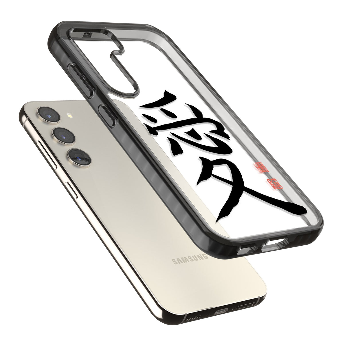 Japanese Kanji - Love Samsung S22 / Samsung S22 Plus / Samsung S23 / Samsung S23 Plus / Samsung S24 / Samsung S24 Plus Impact Black Phone Case angled