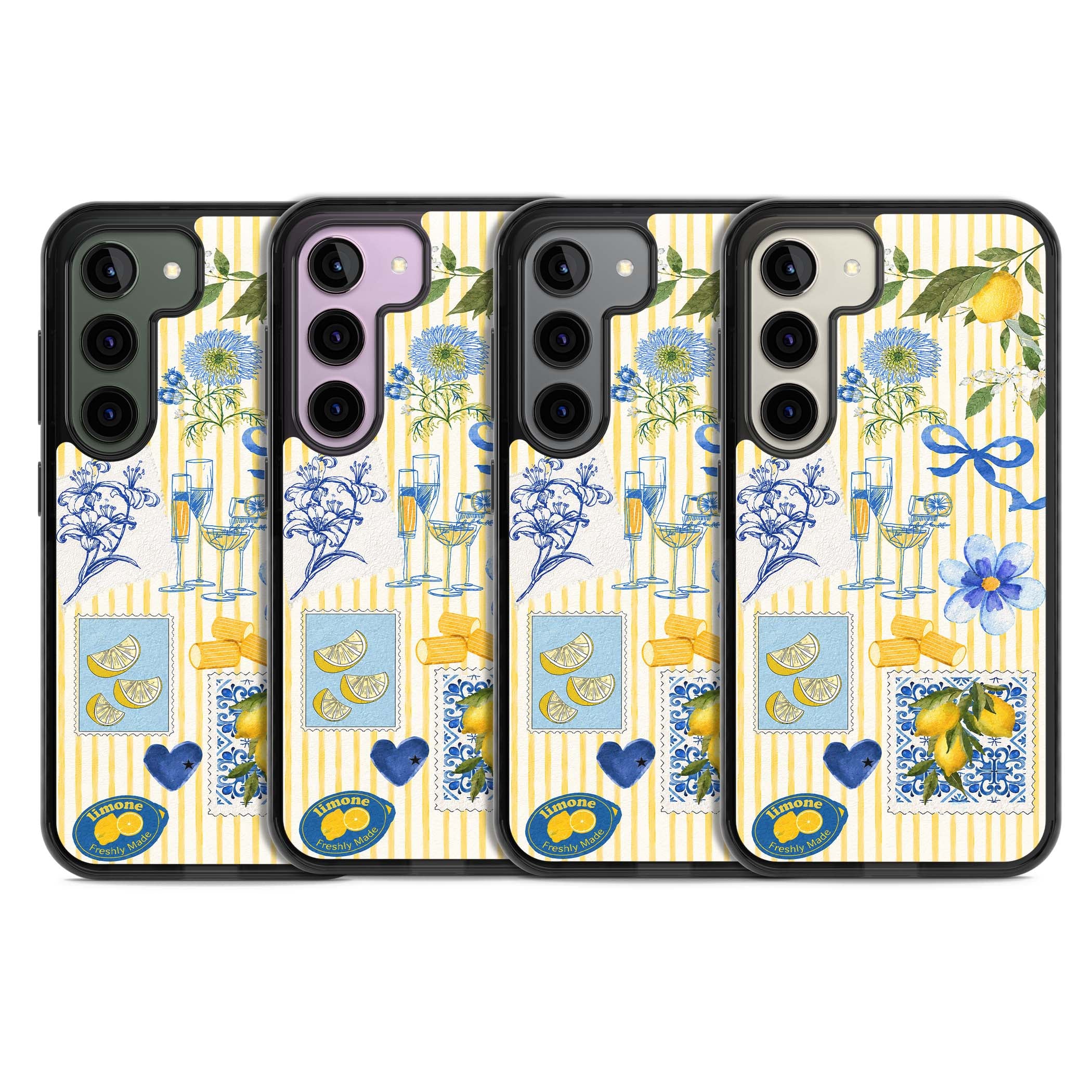 Limone Riviera Italian summer iPhone case featuring watercolour lemons, blue ribbon bows and majolica tile stamps on... | Black Impact case for Samsung Galaxy S24, Samsung Galaxy S23, Samsung Galaxy S22