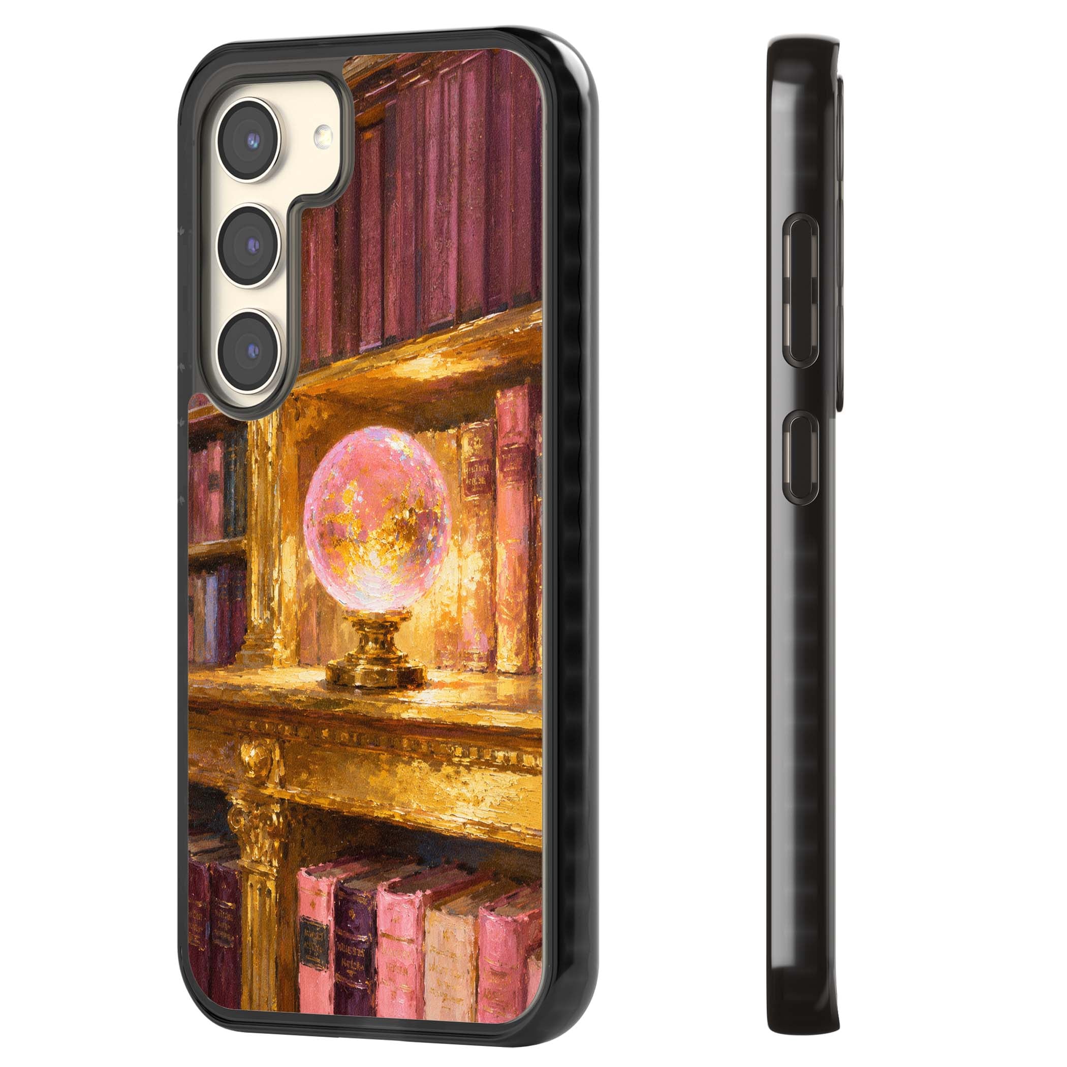 Gilded Library dark academia iPhone case featuring an oil painted crystal ball on a gilded library shelf with vintage | Black Impact case for Samsung Galaxy S24, Samsung Galaxy S23, Samsung Galaxy S22