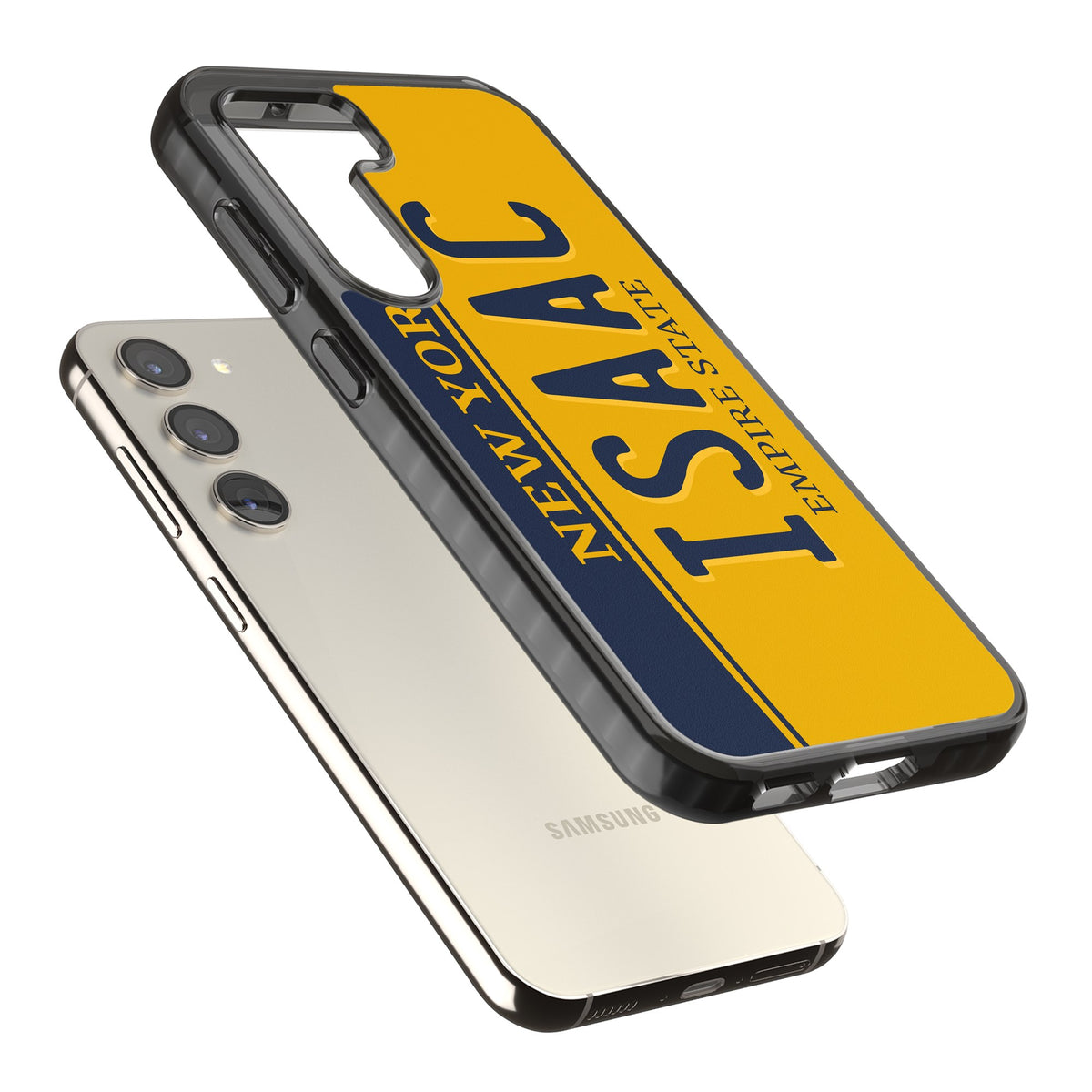 Personalised New York License Plate Samsung S22 / Samsung S22 Plus / Samsung S23 / Samsung S23 Plus / Samsung S24 / Samsung S24 Plus Impact Black Phone Case angled