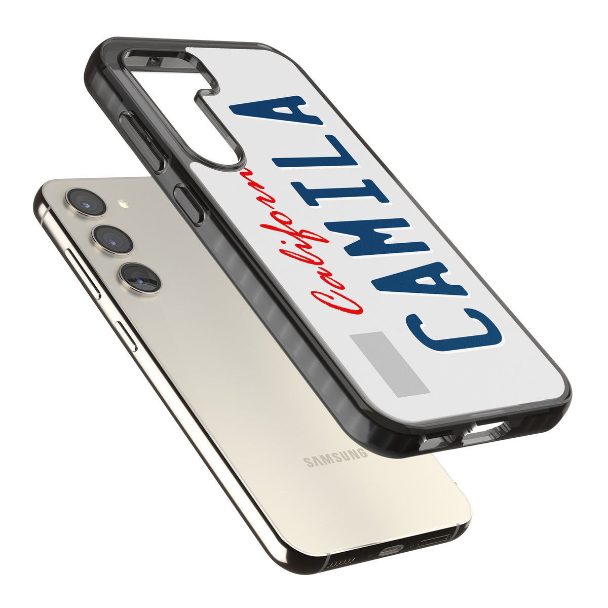 Personalised California License Plate Samsung S22 / Samsung S22 Plus / Samsung S23 / Samsung S23 Plus / Samsung S24 / Samsung S24 Plus Impact Black Phone Case angled