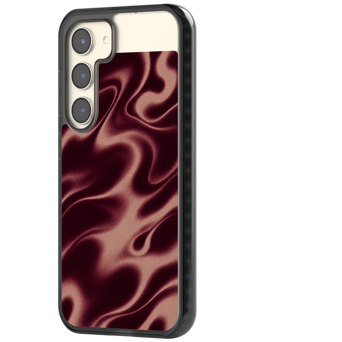 Merlot Sand abstract iPhone case featuring burgundy liquid satin waves, rose-gold highlights and silky folds Samsung S22 / Samsung S22 Plus / Samsung S23 / Samsung S23 Plus / Samsung S24 / Samsung S24 Plus Impact Black Phone Case side