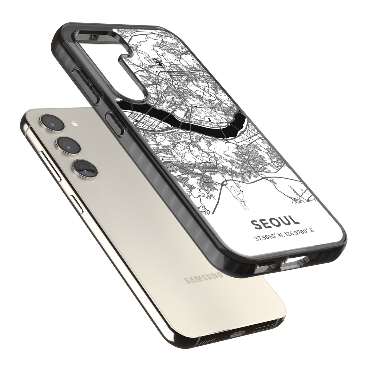 Seoul City Map Samsung S22 / Samsung S22 Plus / Samsung S23 / Samsung S23 Plus / Samsung S24 / Samsung S24 Plus Impact Black Phone Case angled