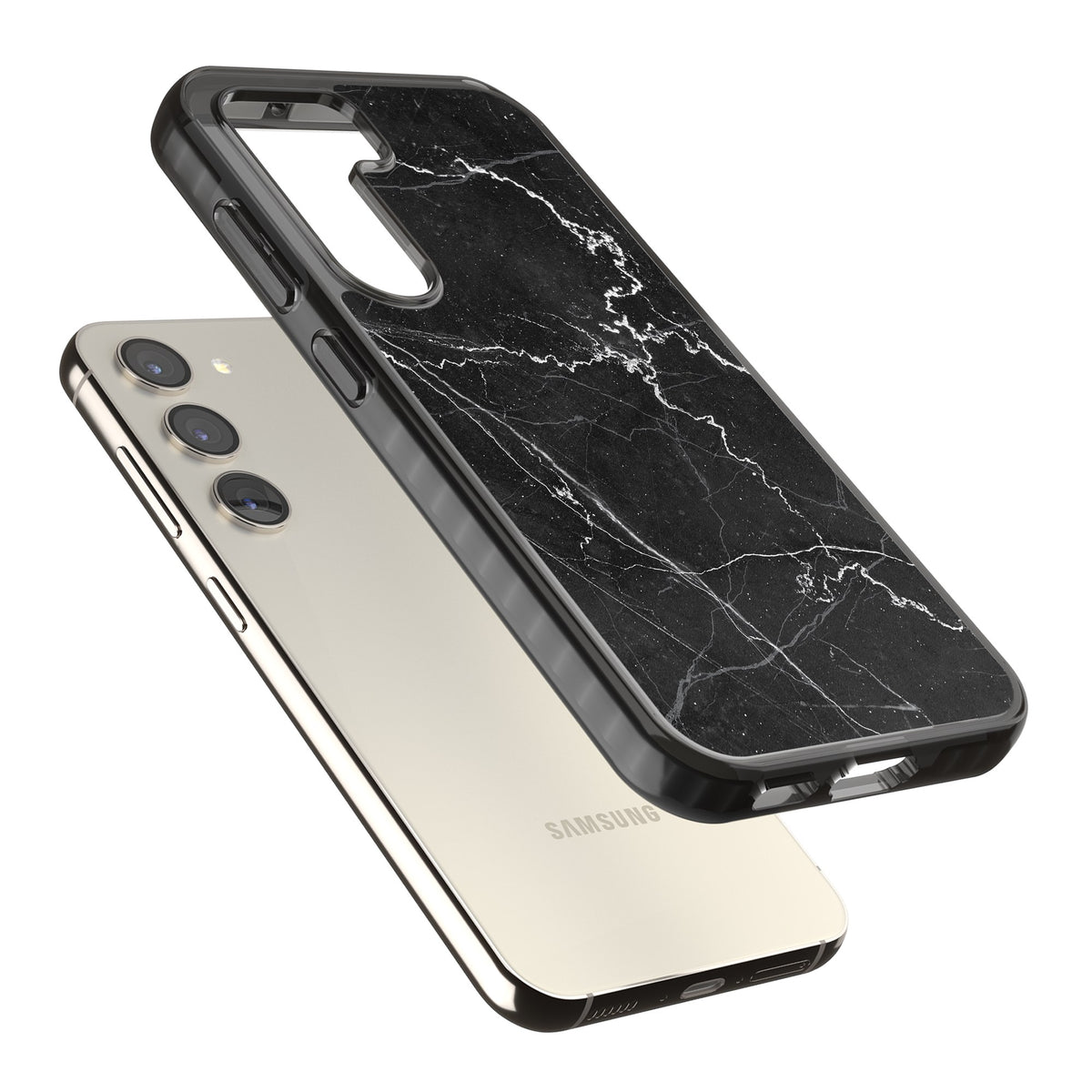Bold Black Marble With White Texture Samsung S22 / Samsung S22 Plus / Samsung S23 / Samsung S23 Plus / Samsung S24 / Samsung S24 Plus Impact Black Phone Case angled