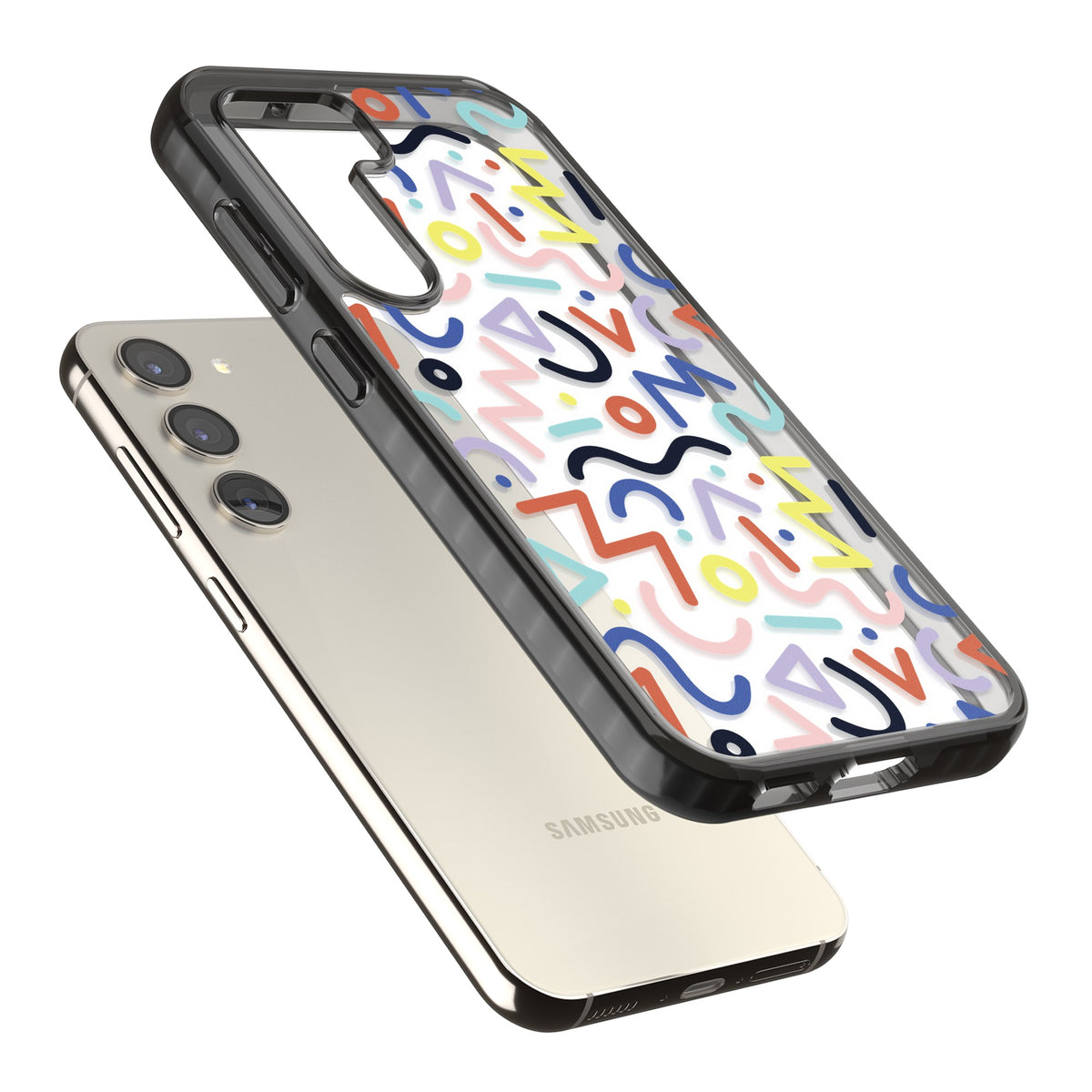 Memphis Retro Pattern Samsung S22 / Samsung S22 Plus / Samsung S23 / Samsung S23 Plus / Samsung S24 / Samsung S24 Plus Impact Black Phone Case angled