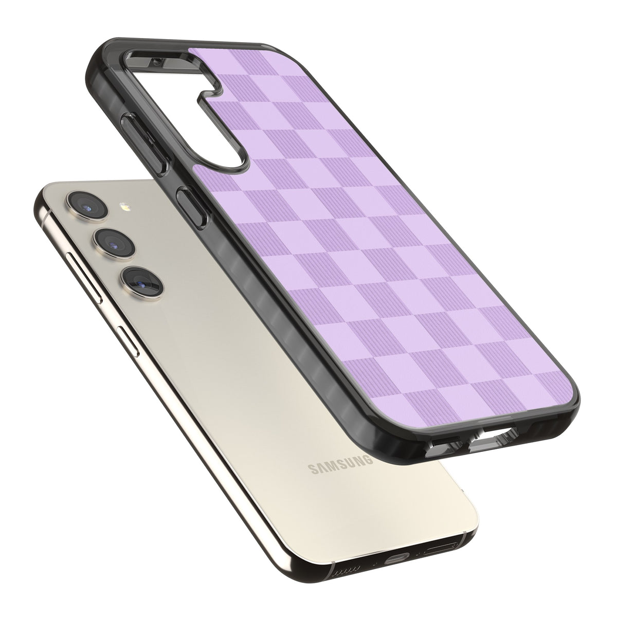 Lilac Checkered Samsung S22 / Samsung S22 Plus / Samsung S23 / Samsung S23 Plus / Samsung S24 / Samsung S24 Plus Impact Black Phone Case angled