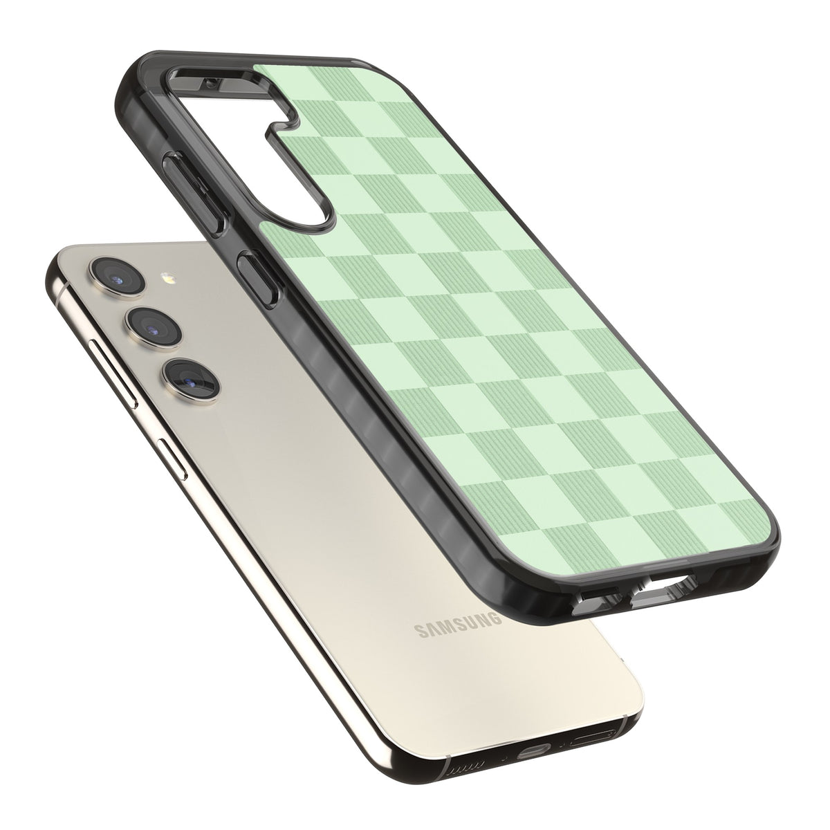 Seafoam Checkered Samsung S22 / Samsung S22 Plus / Samsung S23 / Samsung S23 Plus / Samsung S24 / Samsung S24 Plus Impact Black Phone Case angled