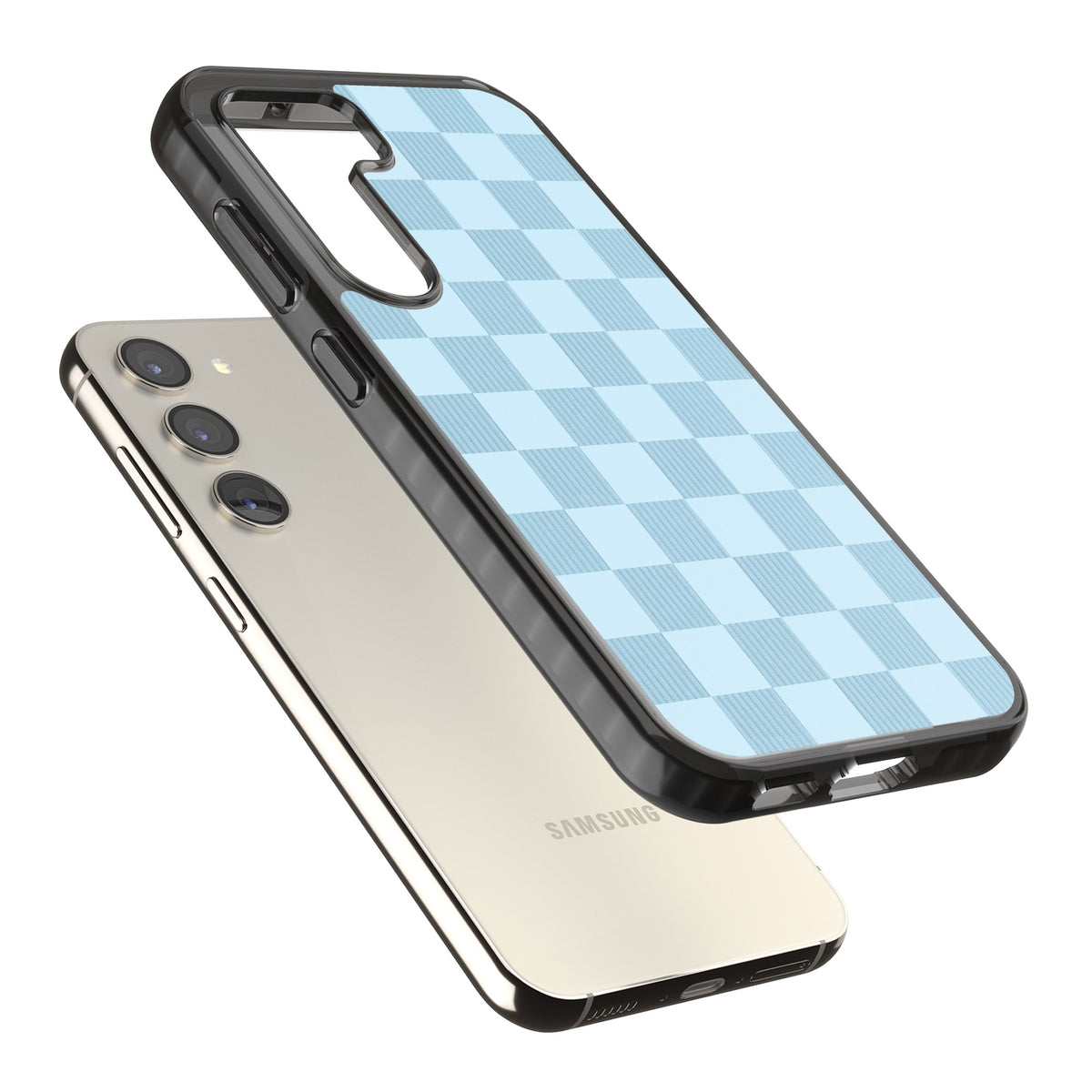 Skyblue Checkered Samsung S22 / Samsung S22 Plus / Samsung S23 / Samsung S23 Plus / Samsung S24 / Samsung S24 Plus Impact Black Phone Case angled