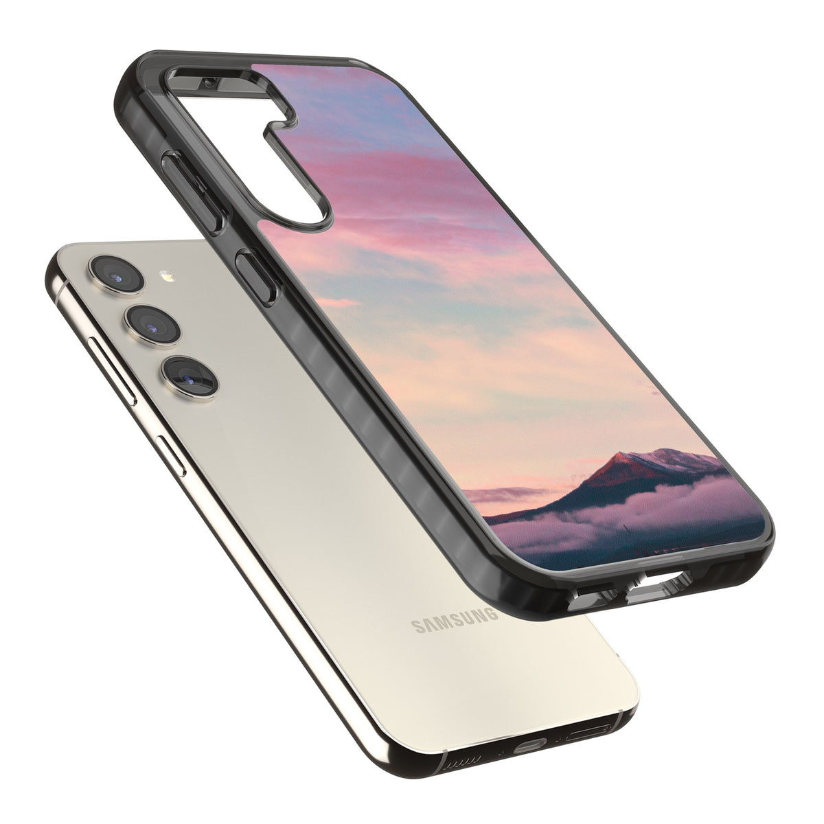 Pastel Mountain Sunset Samsung S22 / Samsung S22 Plus / Samsung S23 / Samsung S23 Plus / Samsung S24 / Samsung S24 Plus Impact Black Phone Case angled