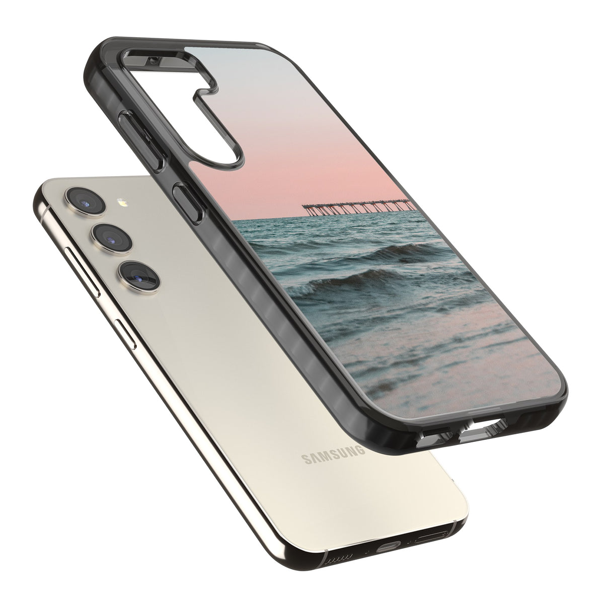 Sunset Pier Samsung S22 / Samsung S22 Plus / Samsung S23 / Samsung S23 Plus / Samsung S24 / Samsung S24 Plus Impact Black Phone Case angled