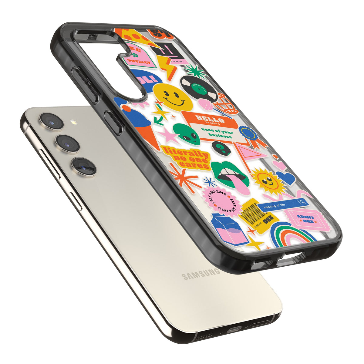Nostalgic Sticker Vibes Samsung S22 / Samsung S22 Plus / Samsung S23 / Samsung S23 Plus / Samsung S24 / Samsung S24 Plus Impact Black Phone Case angled