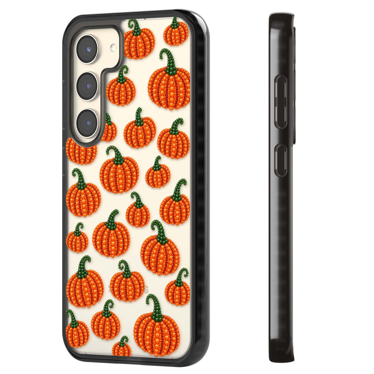 Beaded Pumpkins halloween iPhone case featuring beaded orange pumpkins with green stems on a clear background | Black Impact case for Samsung Galaxy S24, Samsung Galaxy S23, Samsung Galaxy S22