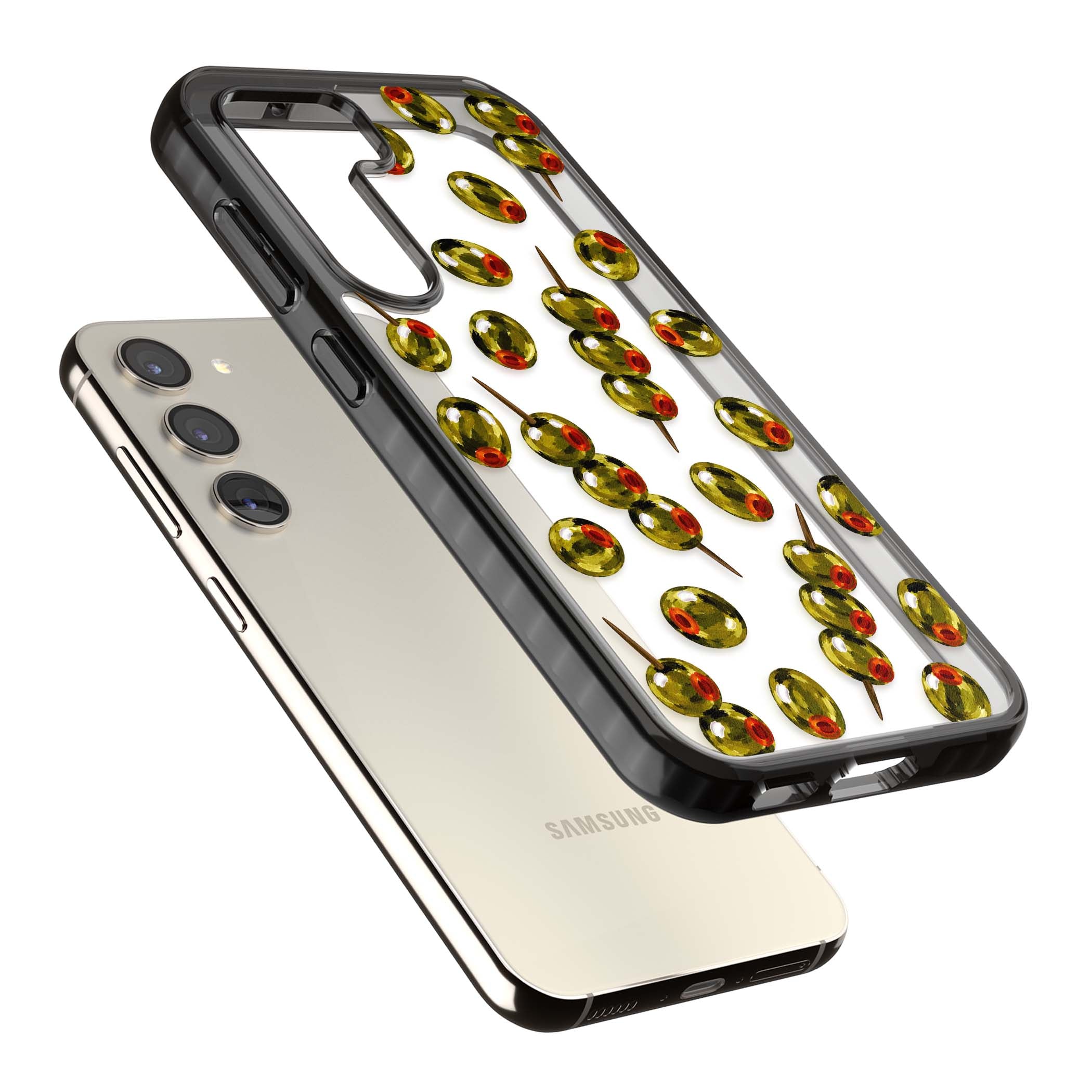 Painted Olives cocktail iPhone case featuring green olives, pimento centres and toothpick skewers on a clear background | Black Impact case for Samsung Galaxy S24, Samsung Galaxy S23, Samsung Galaxy S22