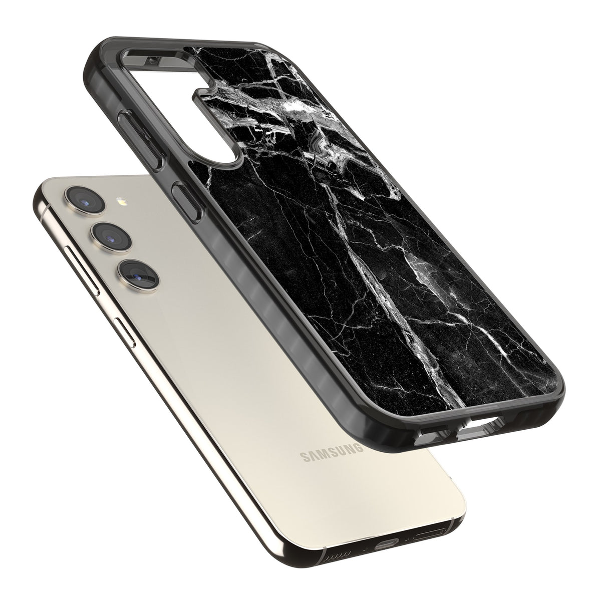 Black Onyx Marble Samsung S22 / Samsung S22 Plus / Samsung S23 / Samsung S23 Plus / Samsung S24 / Samsung S24 Plus Impact Black Phone Case angled