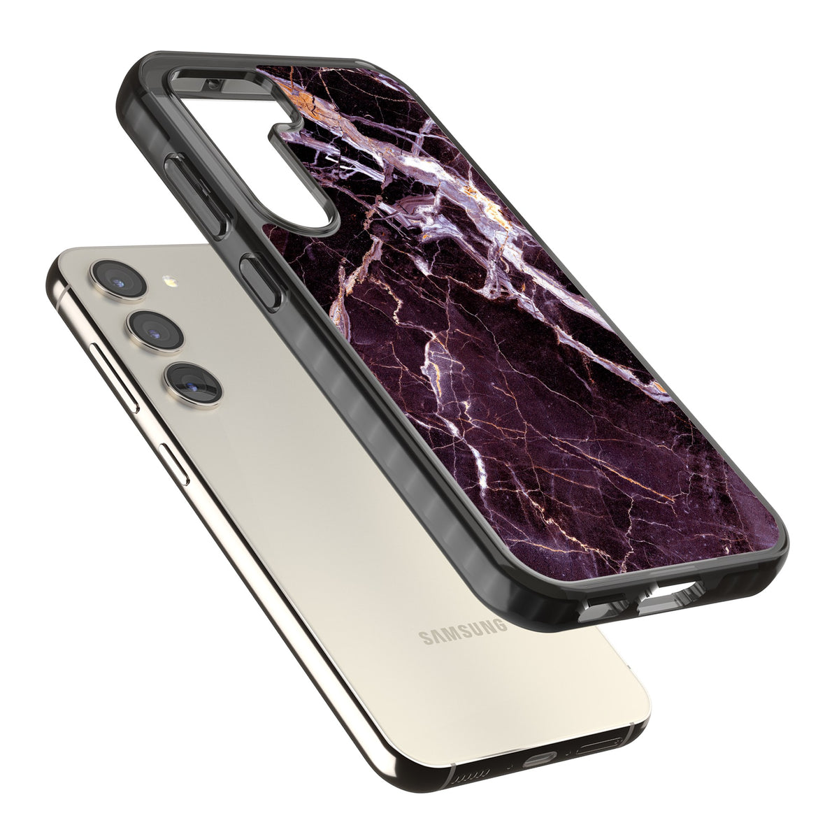 Violet Shatter Marble Samsung S22 / Samsung S22 Plus / Samsung S23 / Samsung S23 Plus / Samsung S24 / Samsung S24 Plus Impact Black Phone Case angled