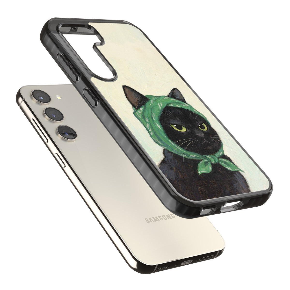 Unamused Kitty Samsung S22 / Samsung S22 Plus / Samsung S23 / Samsung S23 Plus / Samsung S24 / Samsung S24 Plus Impact Black Phone Case angled