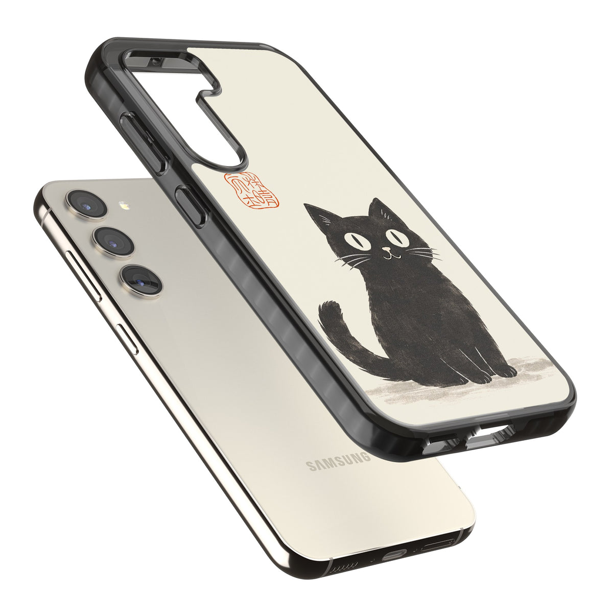 Black Ink Brushstroke Cat Samsung S22 / Samsung S22 Plus / Samsung S23 / Samsung S23 Plus / Samsung S24 / Samsung S24 Plus Impact Black Phone Case angled