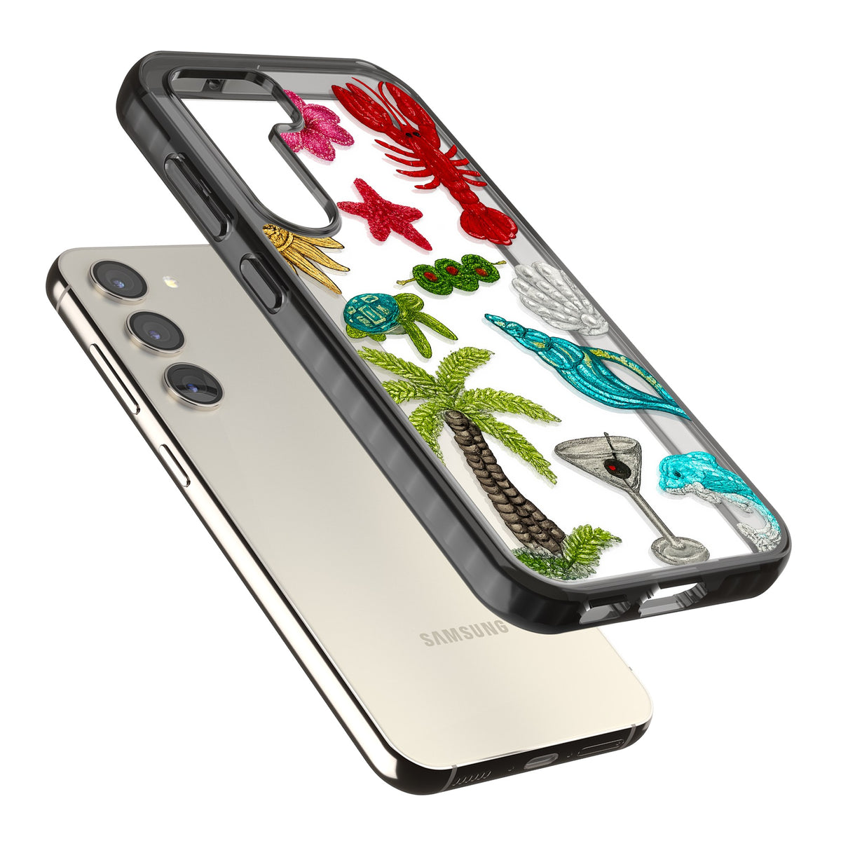 Painted Coastal Pattern Samsung S22 / Samsung S22 Plus / Samsung S23 / Samsung S23 Plus / Samsung S24 / Samsung S24 Plus Impact Black Phone Case angled
