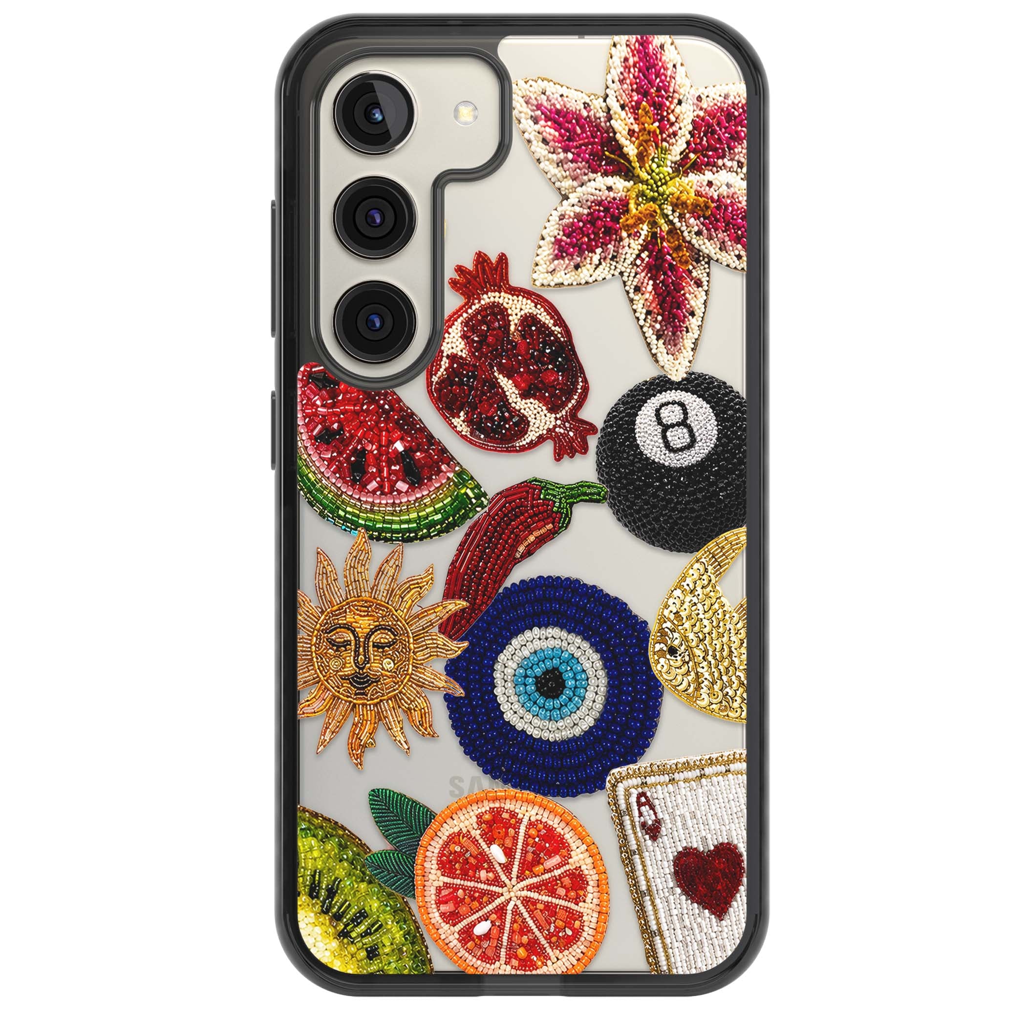 Beaded Charms embroidery iPhone case featuring beaded evil eye, fruit patches and a golden sun motif | Black Impact case for Samsung Galaxy S24, Samsung Galaxy S23, Samsung Galaxy S22