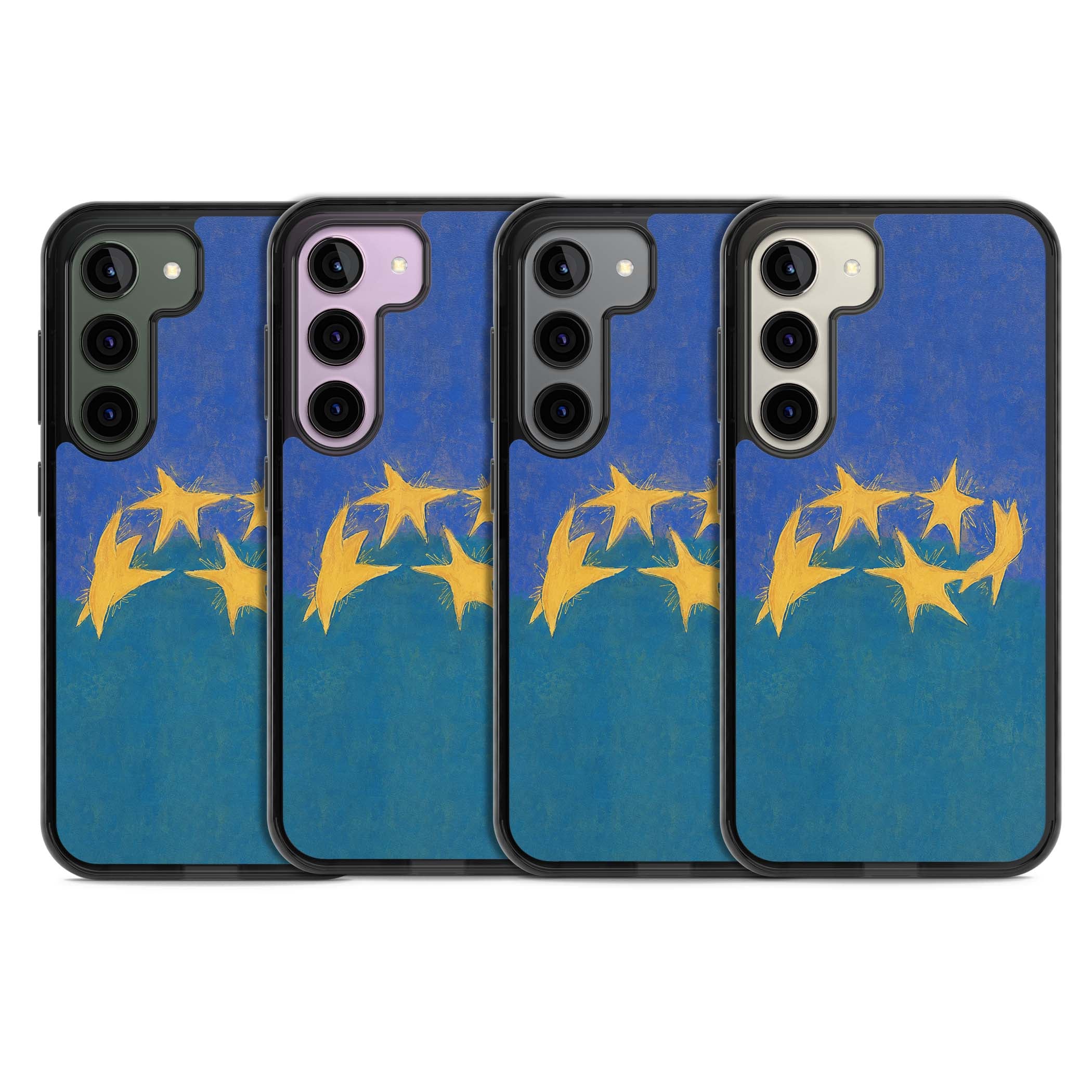 Star Boogie stars aesthetic iPhone case featuring five yellow hand-painted stars on cobalt blue and teal | Black Impact case for Samsung Galaxy S24, Samsung Galaxy S23, Samsung Galaxy S22