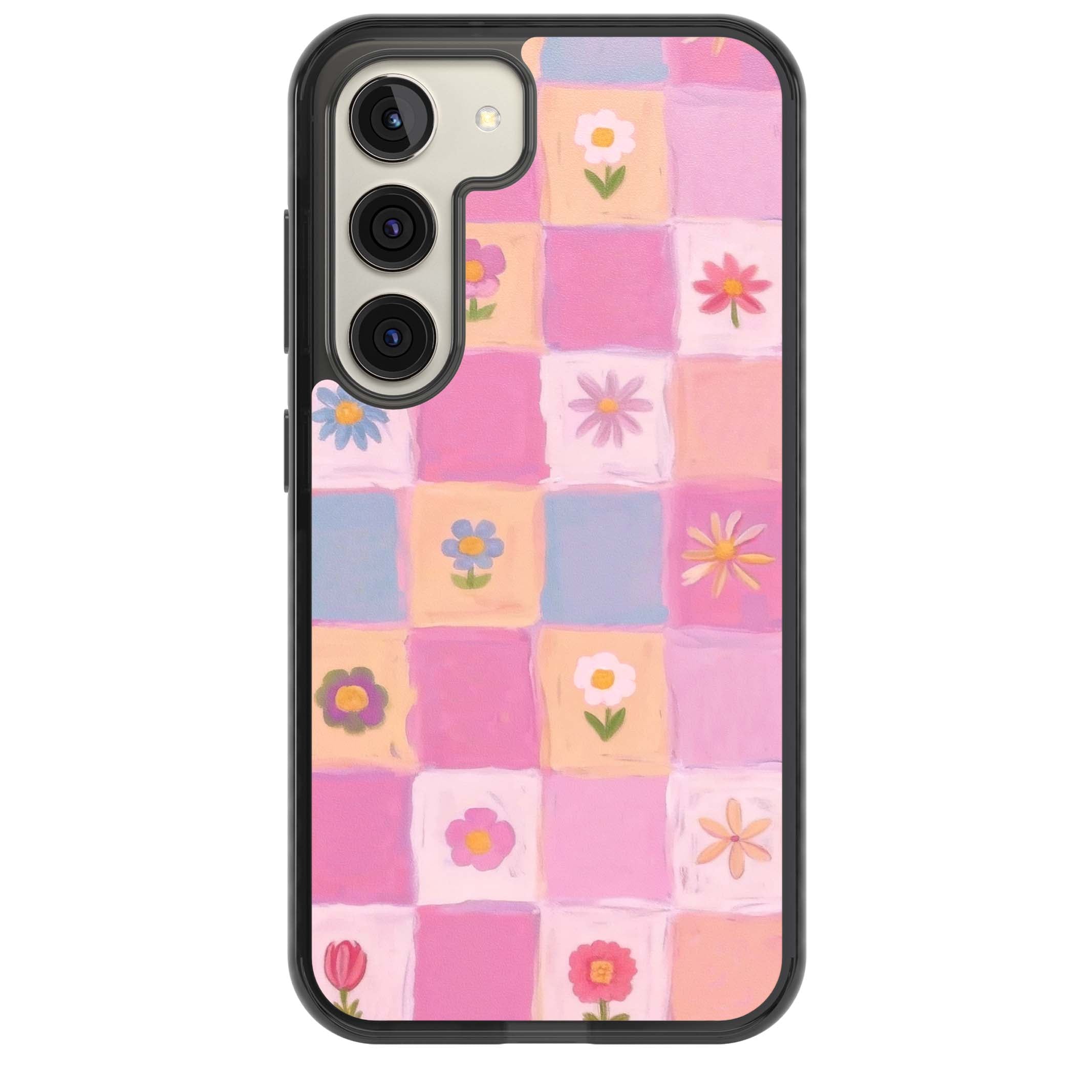 Pastel Flower Patchwork cottagecore iPhone case featuring painted pink and lilac squares with daisies and wildflowers | Black Impact case for Samsung Galaxy S24, Samsung Galaxy S23, Samsung Galaxy S22