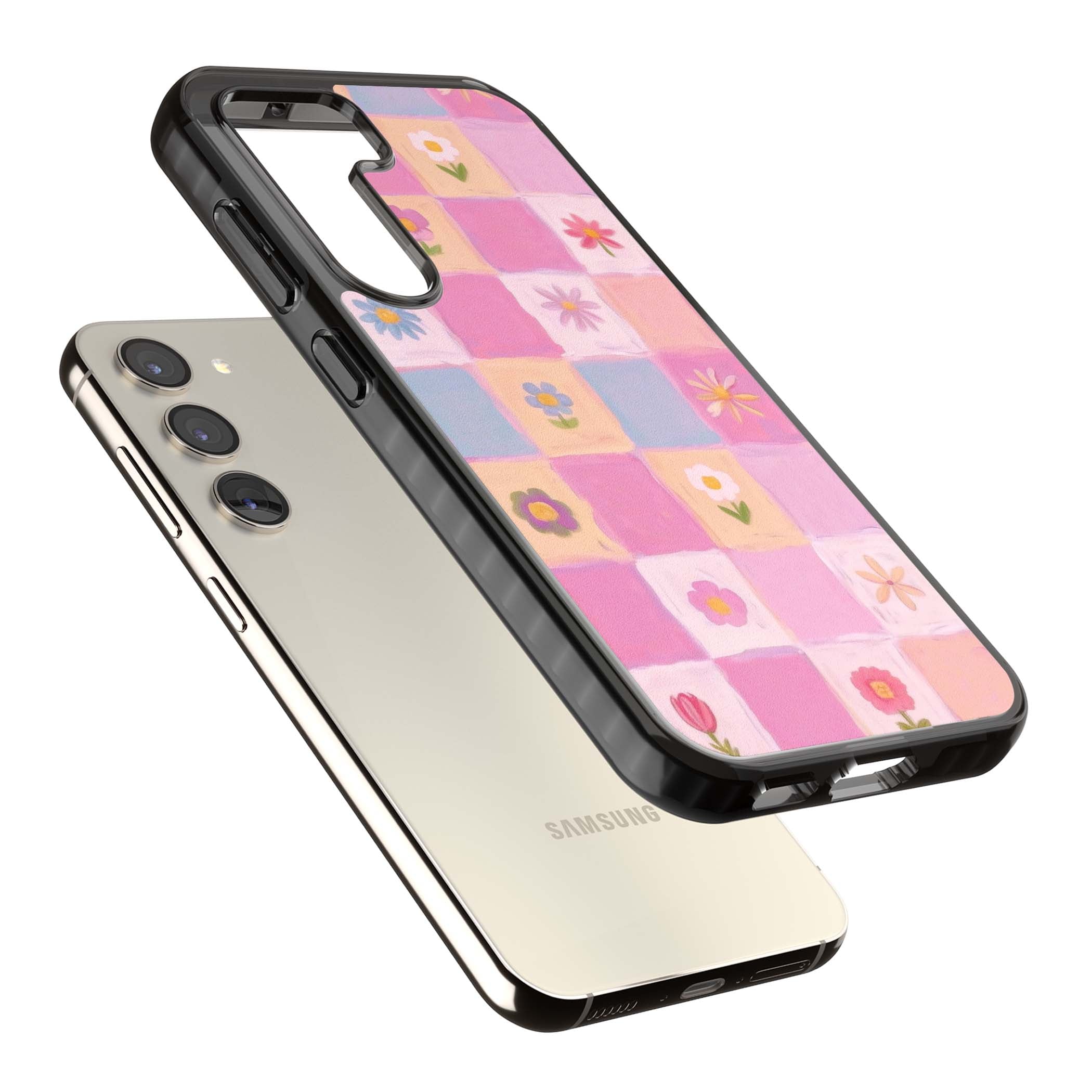 Pastel Flower Patchwork cottagecore iPhone case featuring painted pink and lilac squares with daisies and wildflowers | Black Impact case for Samsung Galaxy S24, Samsung Galaxy S23, Samsung Galaxy S22