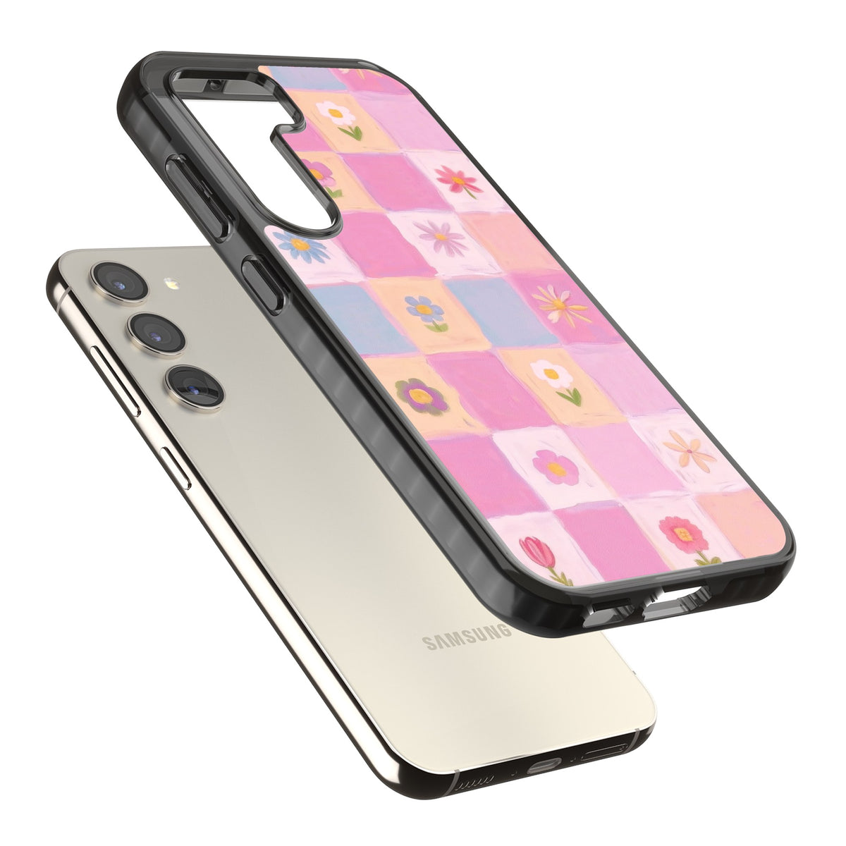 Pastel Flower Patchwork Samsung S22 / Samsung S22 Plus / Samsung S23 / Samsung S23 Plus / Samsung S24 / Samsung S24 Plus Impact Black Phone Case angled
