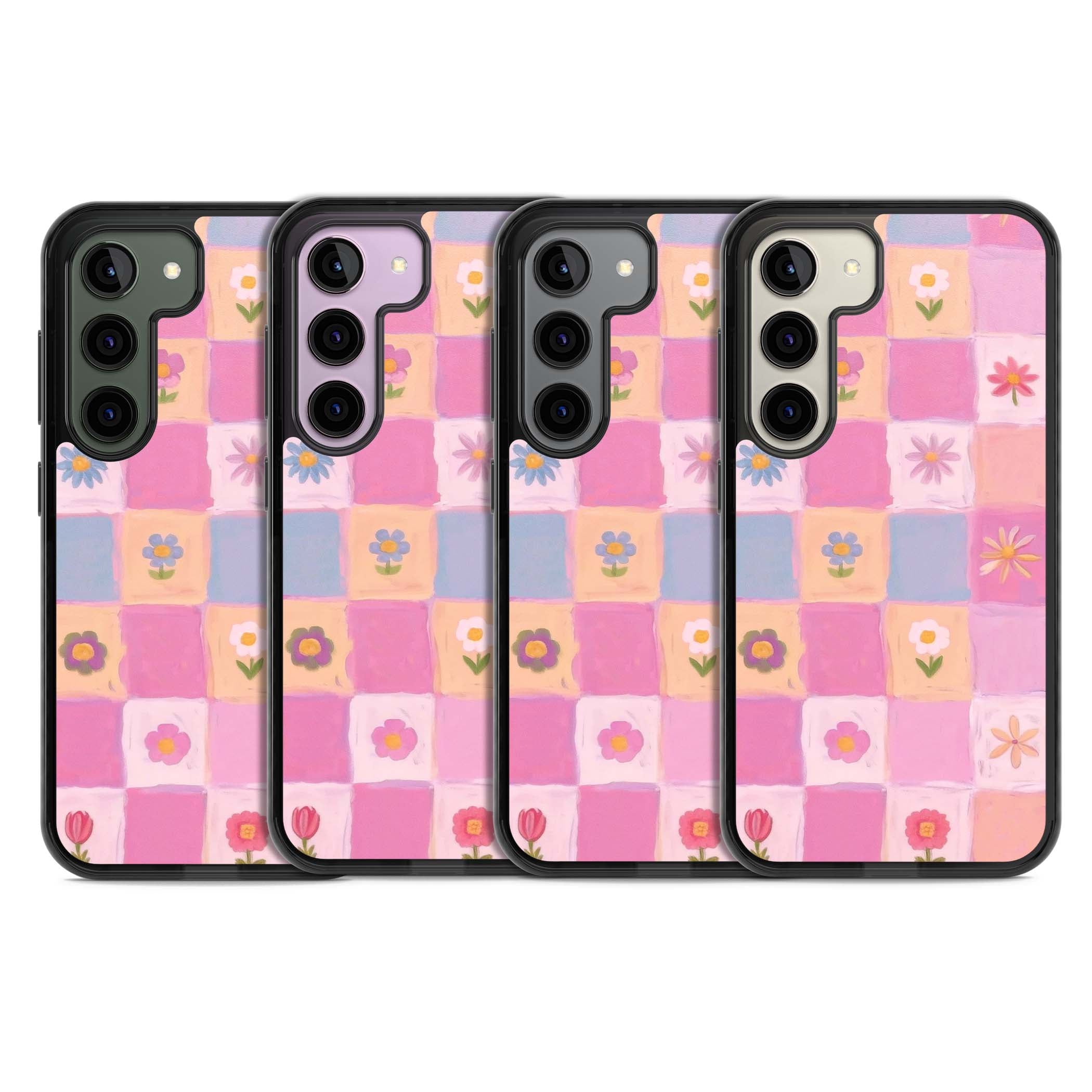 Pastel Flower Patchwork cottagecore iPhone case featuring painted pink and lilac squares with daisies and wildflowers | Black Impact case for Samsung Galaxy S24, Samsung Galaxy S23, Samsung Galaxy S22