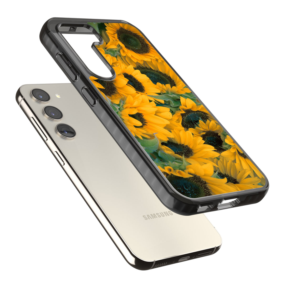 Sunflower Fields Samsung S22 / Samsung S22 Plus / Samsung S23 / Samsung S23 Plus / Samsung S24 / Samsung S24 Plus Impact Black Phone Case angled