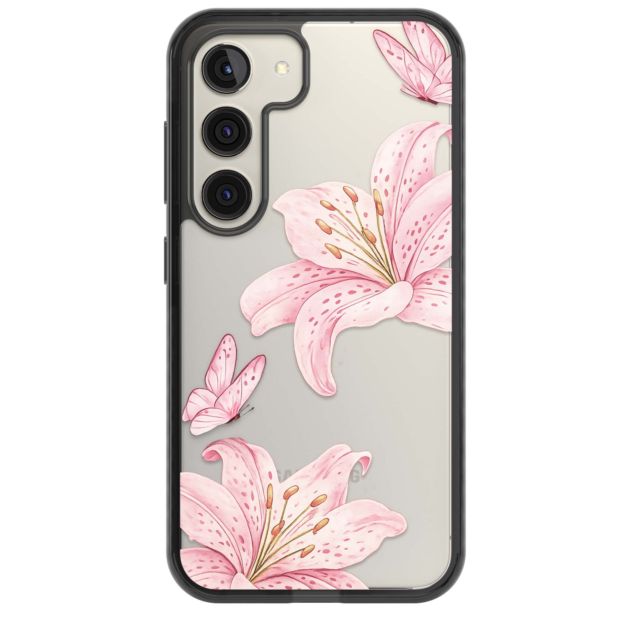 Lily Whisper floral iPhone case featuring pink watercolour lilies and delicate butterflies on a clear background | Black Impact case for Samsung Galaxy S24, Samsung Galaxy S23, Samsung Galaxy S22