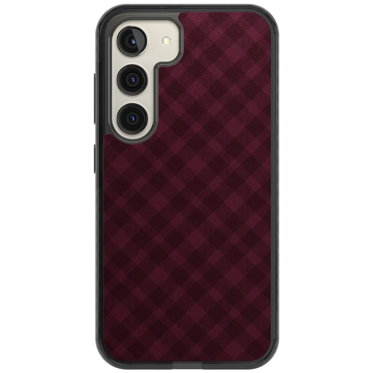 Mulled Wine preppy iPhone case featuring burgundy gingham checks, diagonal plaid lines and a soft woven texture Samsung S22 / Samsung S22 Plus / Samsung S23 / Samsung S23 Plus / Samsung S24 / Samsung S24 Plus Impact Black Phone Case front