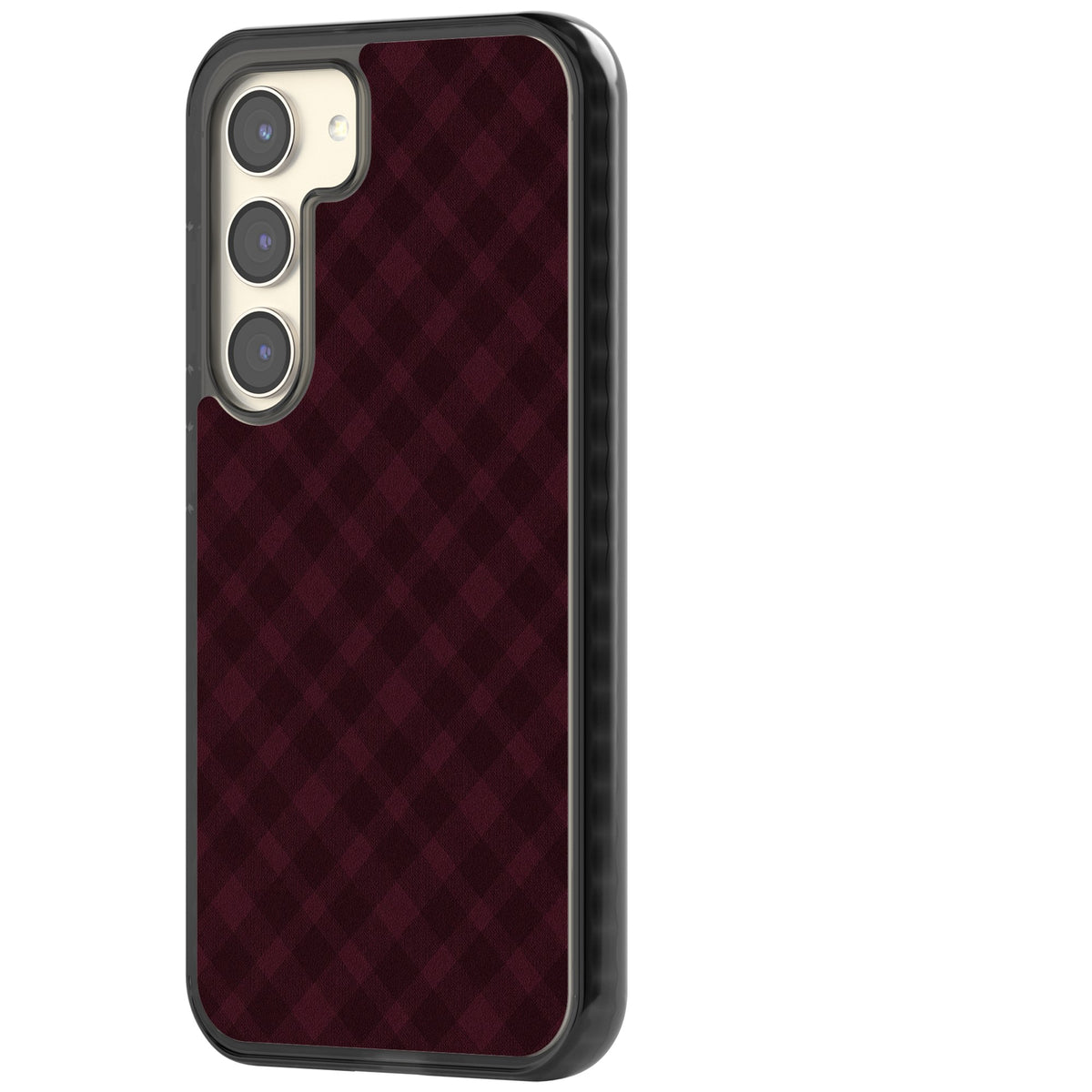 Mulled Wine preppy iPhone case featuring burgundy gingham checks, diagonal plaid lines and a soft woven texture Samsung S22 / Samsung S22 Plus / Samsung S23 / Samsung S23 Plus / Samsung S24 / Samsung S24 Plus Impact Black Phone Case side