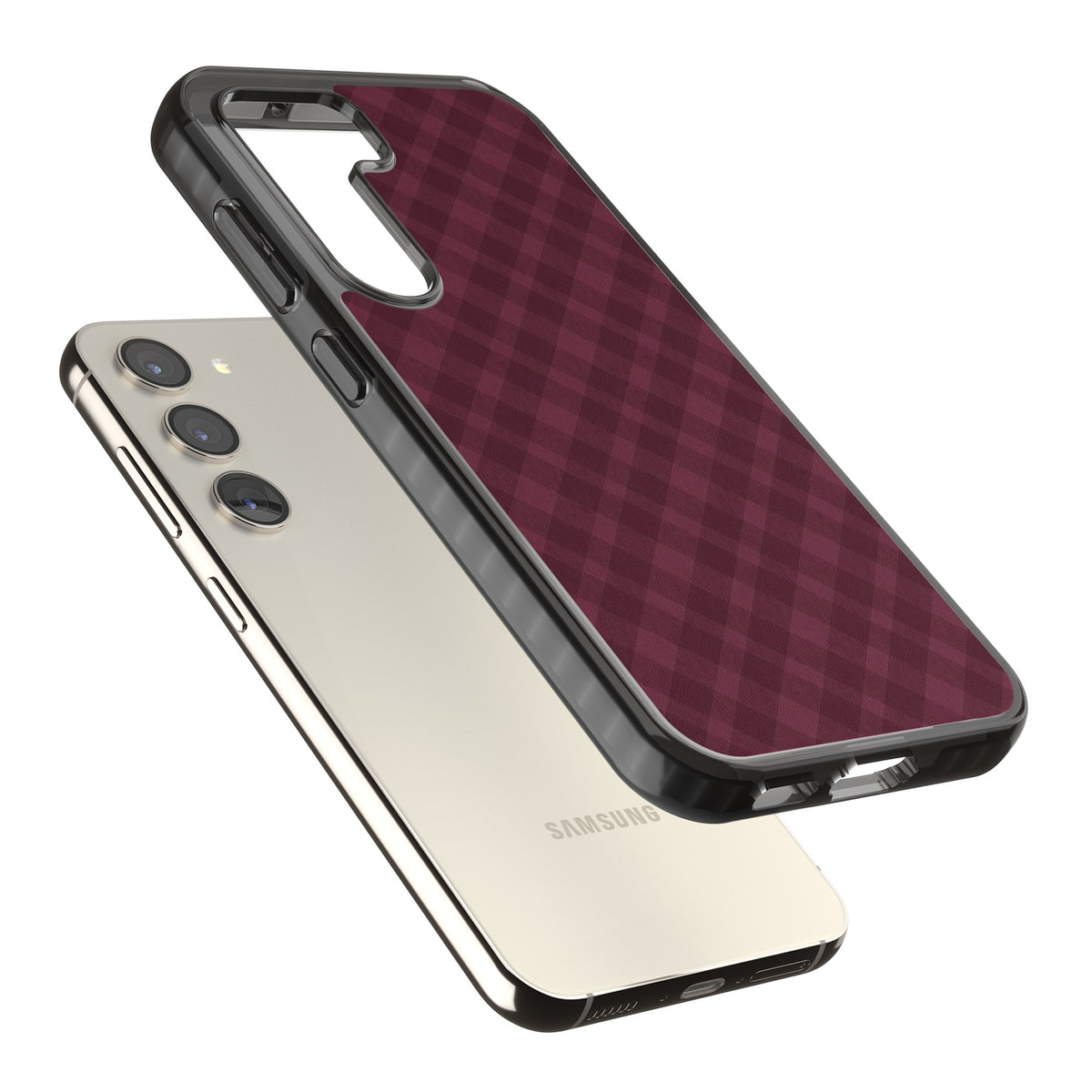 Mulled Wine preppy iPhone case featuring burgundy gingham checks, diagonal plaid lines and a soft woven texture Samsung S22 / Samsung S22 Plus / Samsung S23 / Samsung S23 Plus / Samsung S24 / Samsung S24 Plus Impact Black Phone Case angled