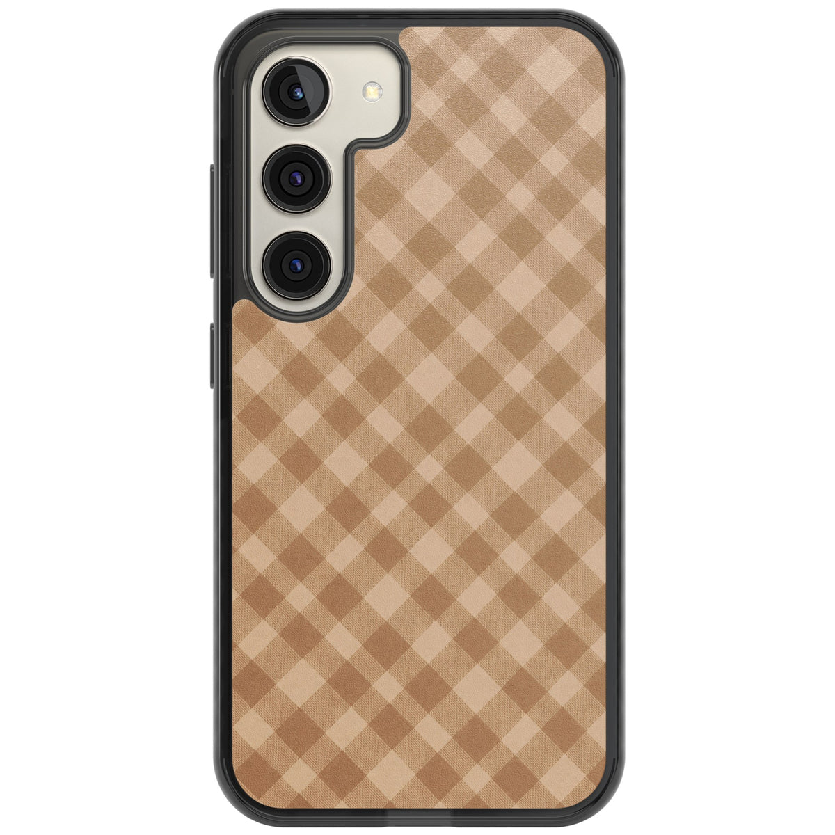 Beige Gingham cottagecore iPhone case featuring diagonal brown gingham checks in soft beige and toffee tones Samsung S22 / Samsung S22 Plus / Samsung S23 / Samsung S23 Plus / Samsung S24 / Samsung S24 Plus Impact Black Phone Case front