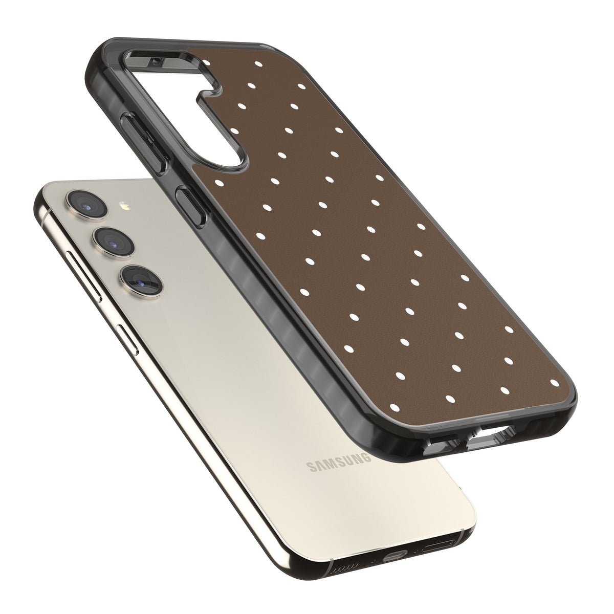 Espresso Dots minimalist iPhone case featuring white polka dots on a rich chocolate brown background Samsung S22 / Samsung S22 Plus / Samsung S23 / Samsung S23 Plus / Samsung S24 / Samsung S24 Plus Impact Black Phone Case angled