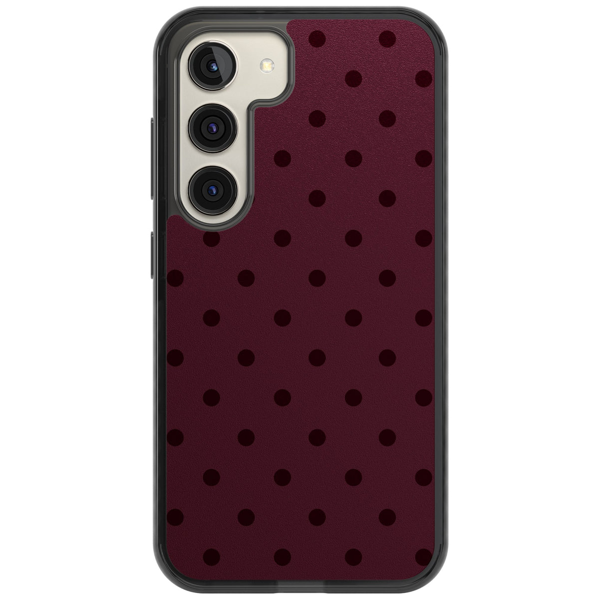 Burgundy Polka Dot minimalist iPhone case featuring black polka dots on a deep burgundy wine red background Samsung S22 / Samsung S22 Plus / Samsung S23 / Samsung S23 Plus / Samsung S24 / Samsung S24 Plus Impact Black Phone Case front