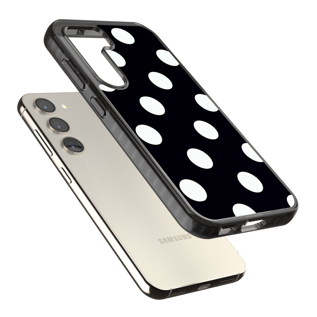 Chic Black Polka Dot Samsung S22 / Samsung S22 Plus / Samsung S23 / Samsung S23 Plus / Samsung S24 / Samsung S24 Plus Impact Black Phone Case angled