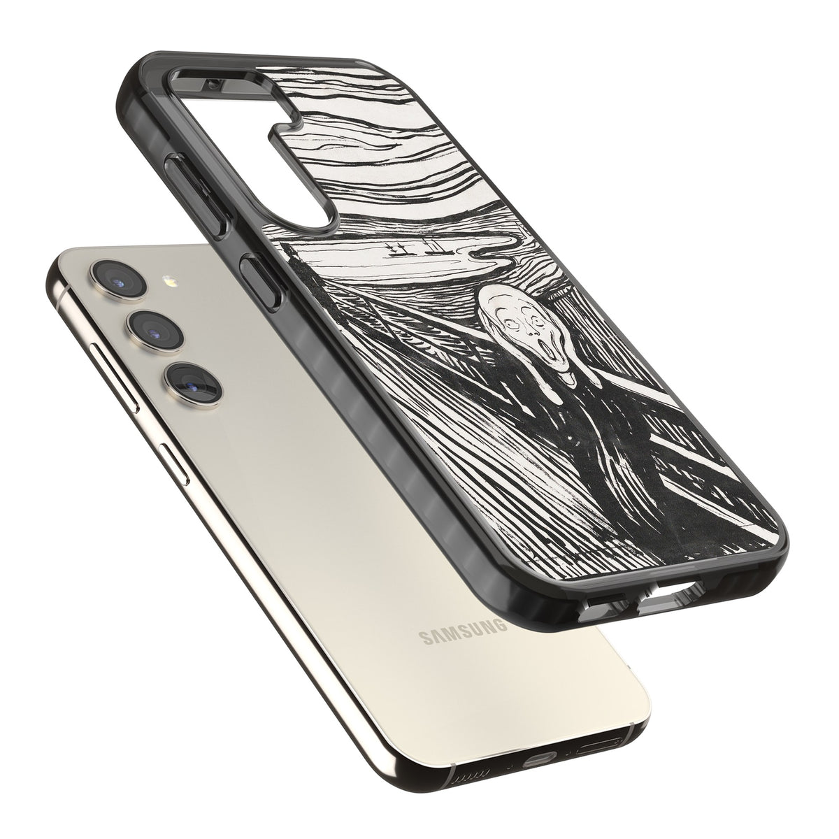 The Scream (Black & White) Samsung S22 / Samsung S22 Plus / Samsung S23 / Samsung S23 Plus / Samsung S24 / Samsung S24 Plus Impact Black Phone Case angled