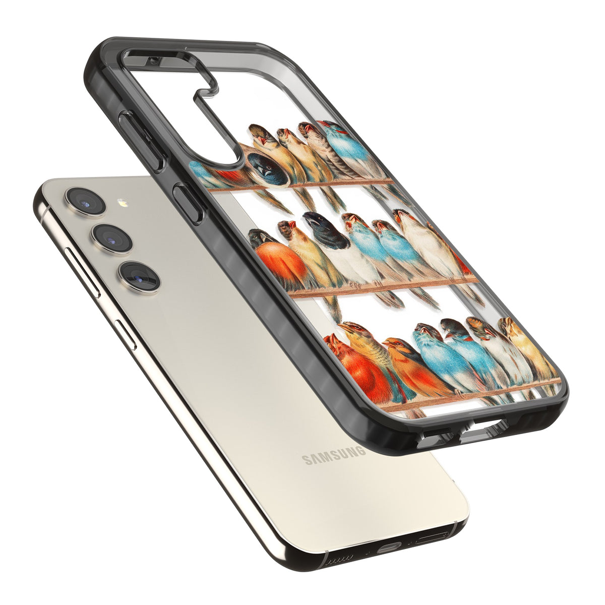 A Perch Of Birds Samsung S22 / Samsung S22 Plus / Samsung S23 / Samsung S23 Plus / Samsung S24 / Samsung S24 Plus Impact Black Phone Case angled