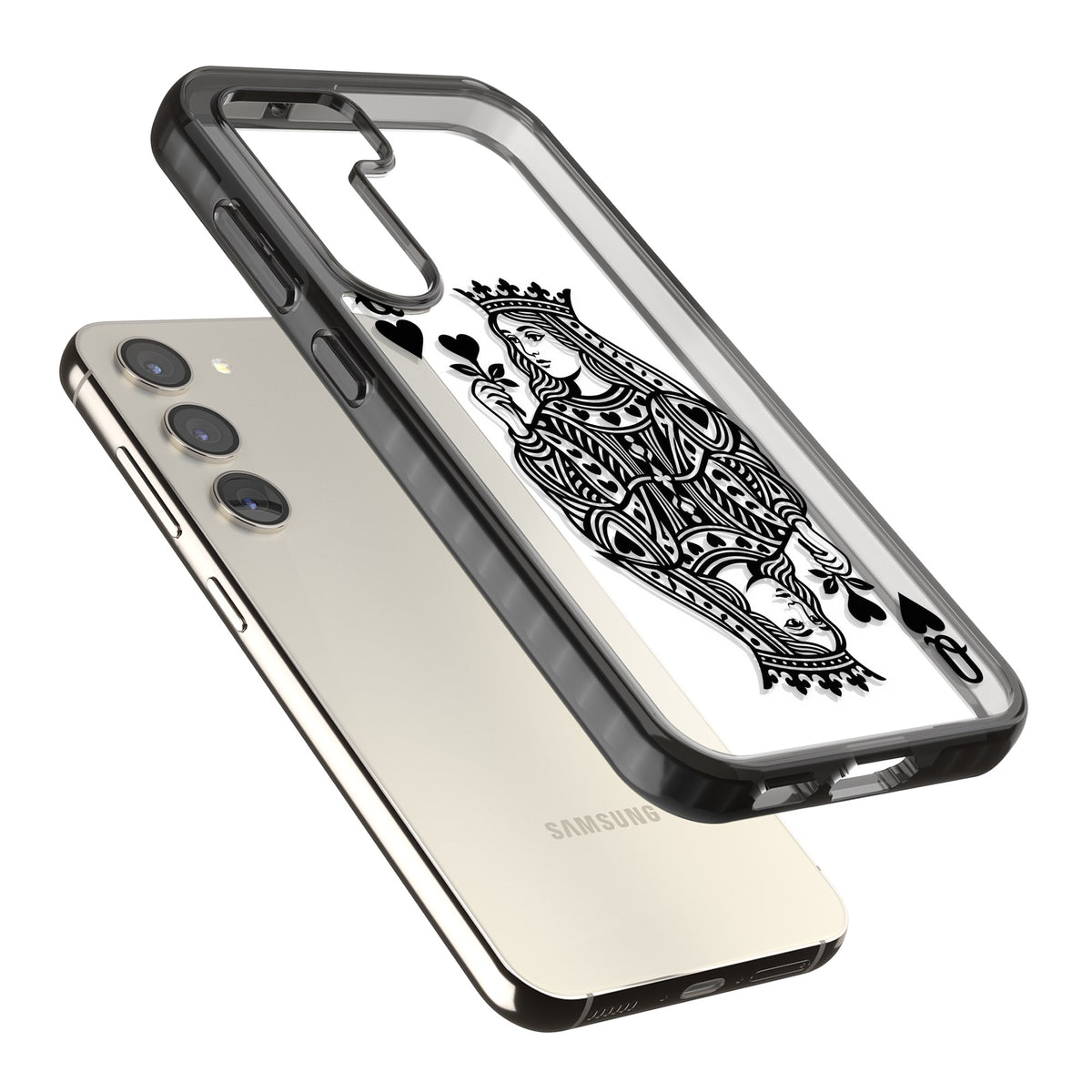 Queen Of Hearts (Black) Samsung S22 / Samsung S22 Plus / Samsung S23 / Samsung S23 Plus / Samsung S24 / Samsung S24 Plus Impact Black Phone Case angled