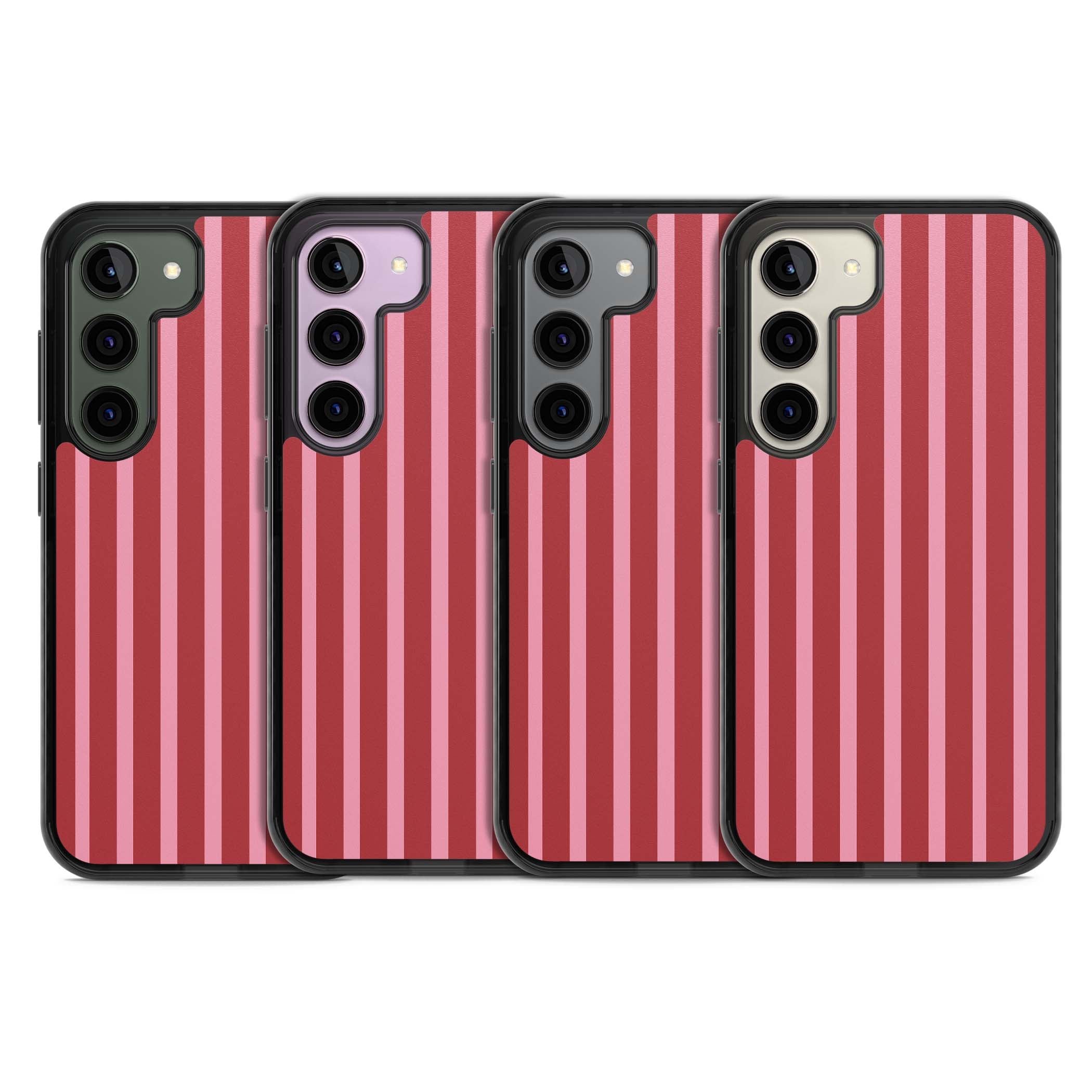 Raspberry Stripe coquette iPhone case featuring red and pink vertical stripes in a candy-inspired pattern | Black Impact case for Samsung Galaxy S24, Samsung Galaxy S23, Samsung Galaxy S22