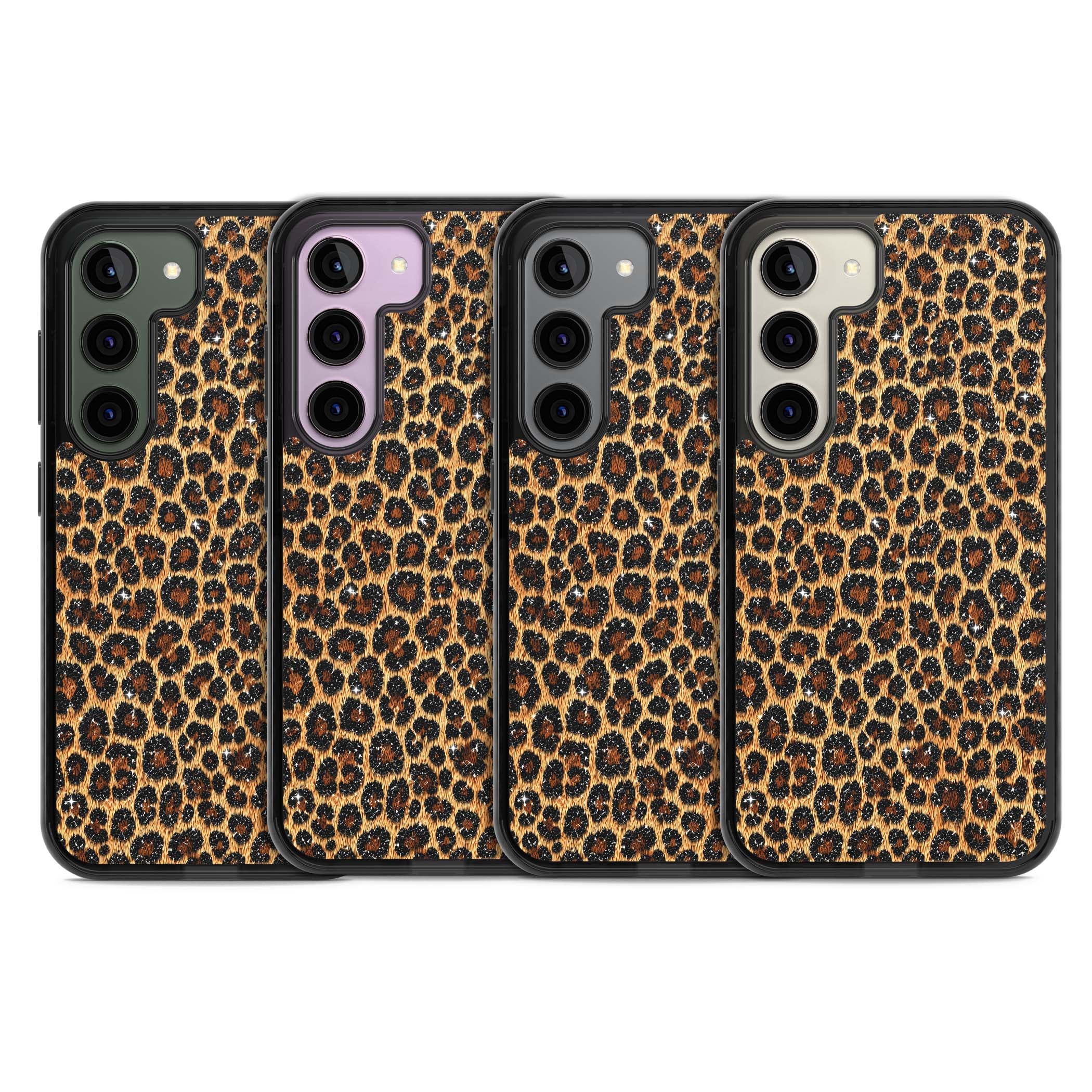 Diamond Leopard leopard print iPhone case featuring golden tan fur, black rosette spots and subtle glitter sparkle | Black Impact case for Samsung Galaxy S24, Samsung Galaxy S23, Samsung Galaxy S22